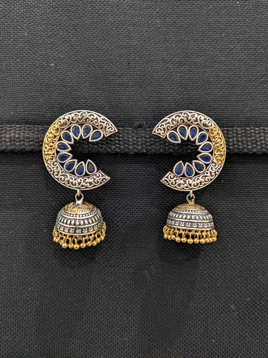 Cut circle dual tone oxidized silver jhumka earrings