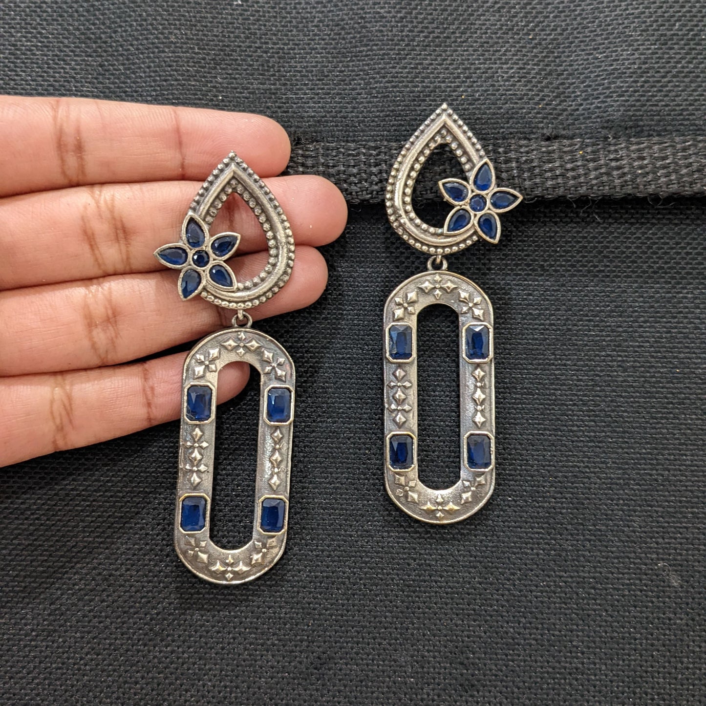 Tear drop stud with long hollow oval dangle oxidized earrings - Simpliful