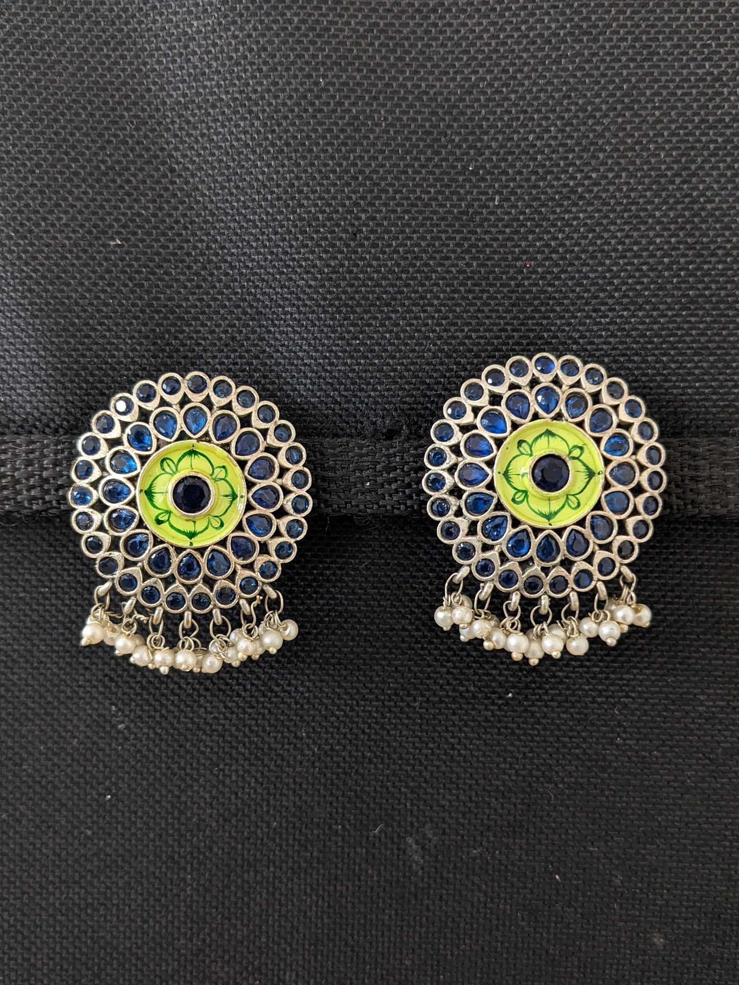 German Silver CZ stone Enamel Round Stud Earrings