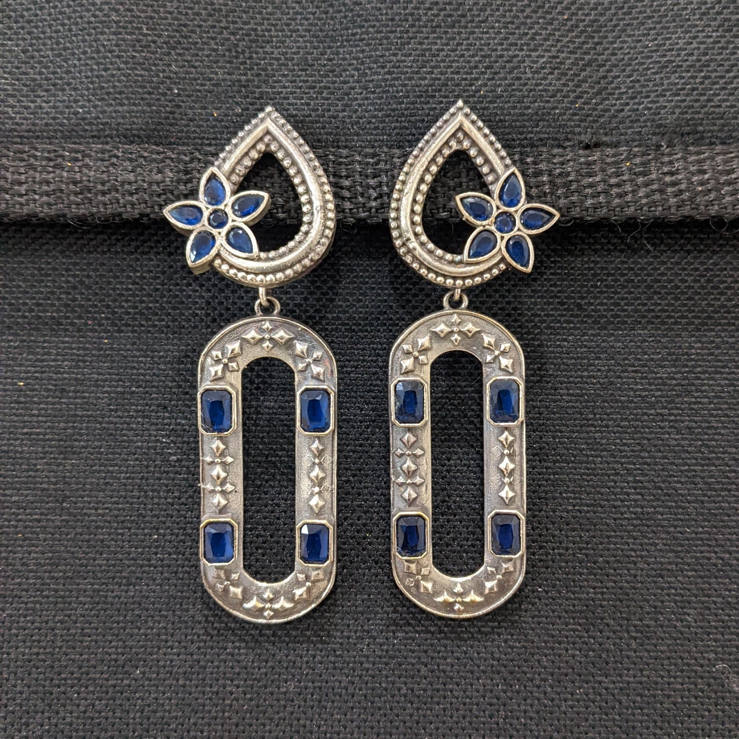 Tear drop stud with long hollow oval dangle oxidized earrings - Simpliful