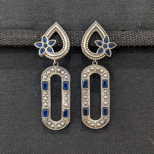 Tear drop stud with long hollow oval dangle oxidized earrings - Simpliful