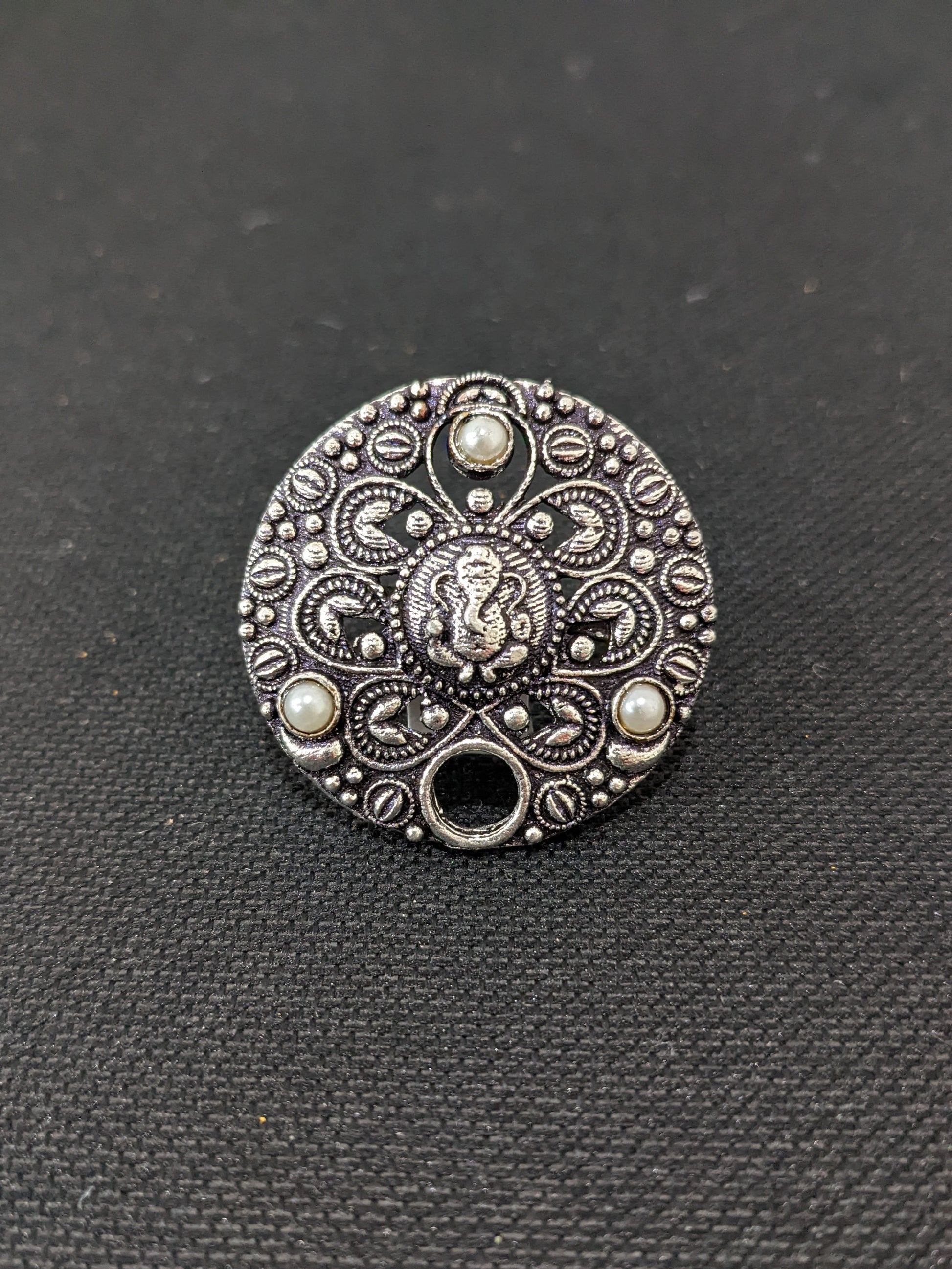 Oxidized Lord Ganesha round Adjustable Finger ring - Simpliful