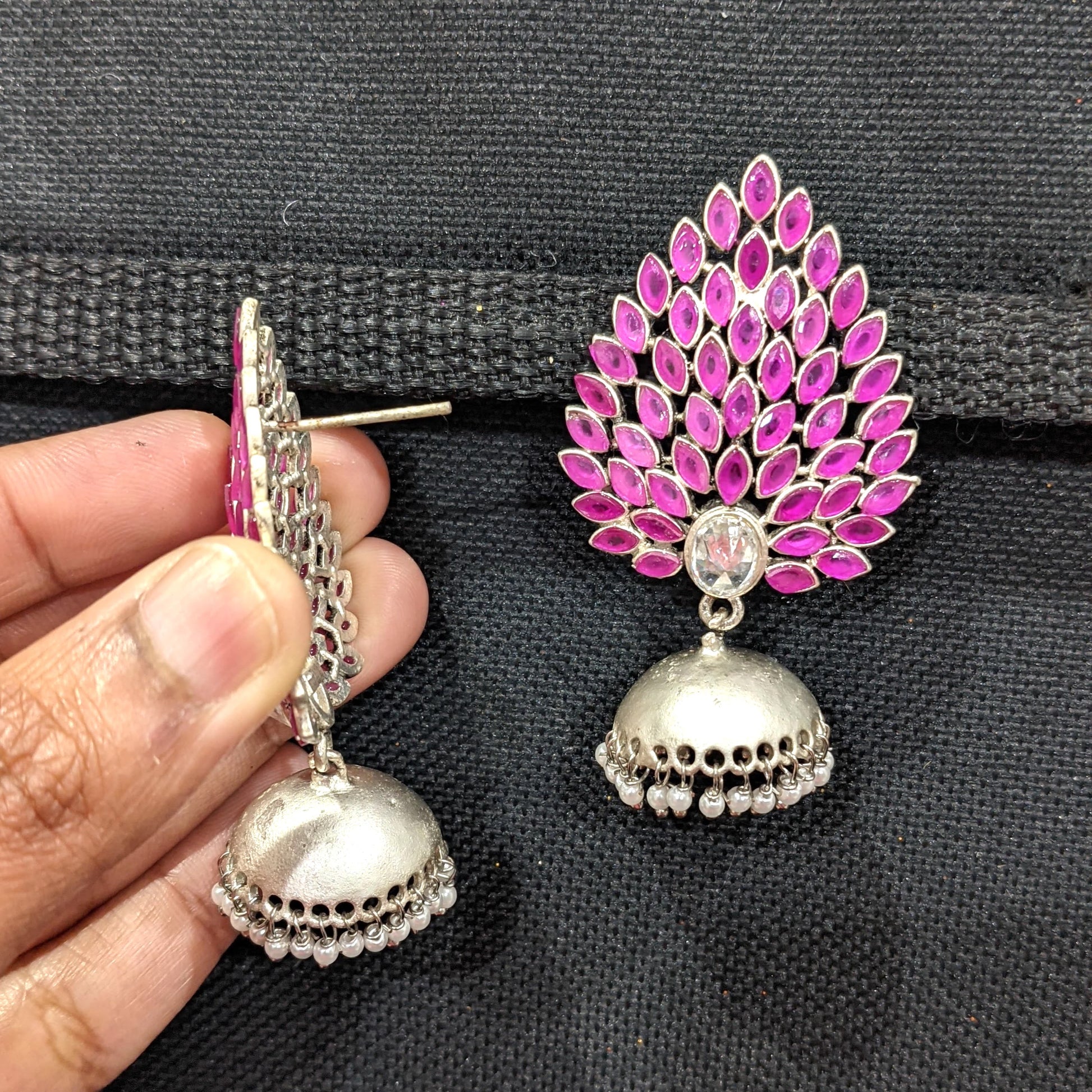 Silver Rhodium plated Designer Jhumka Earrings - Simpliful