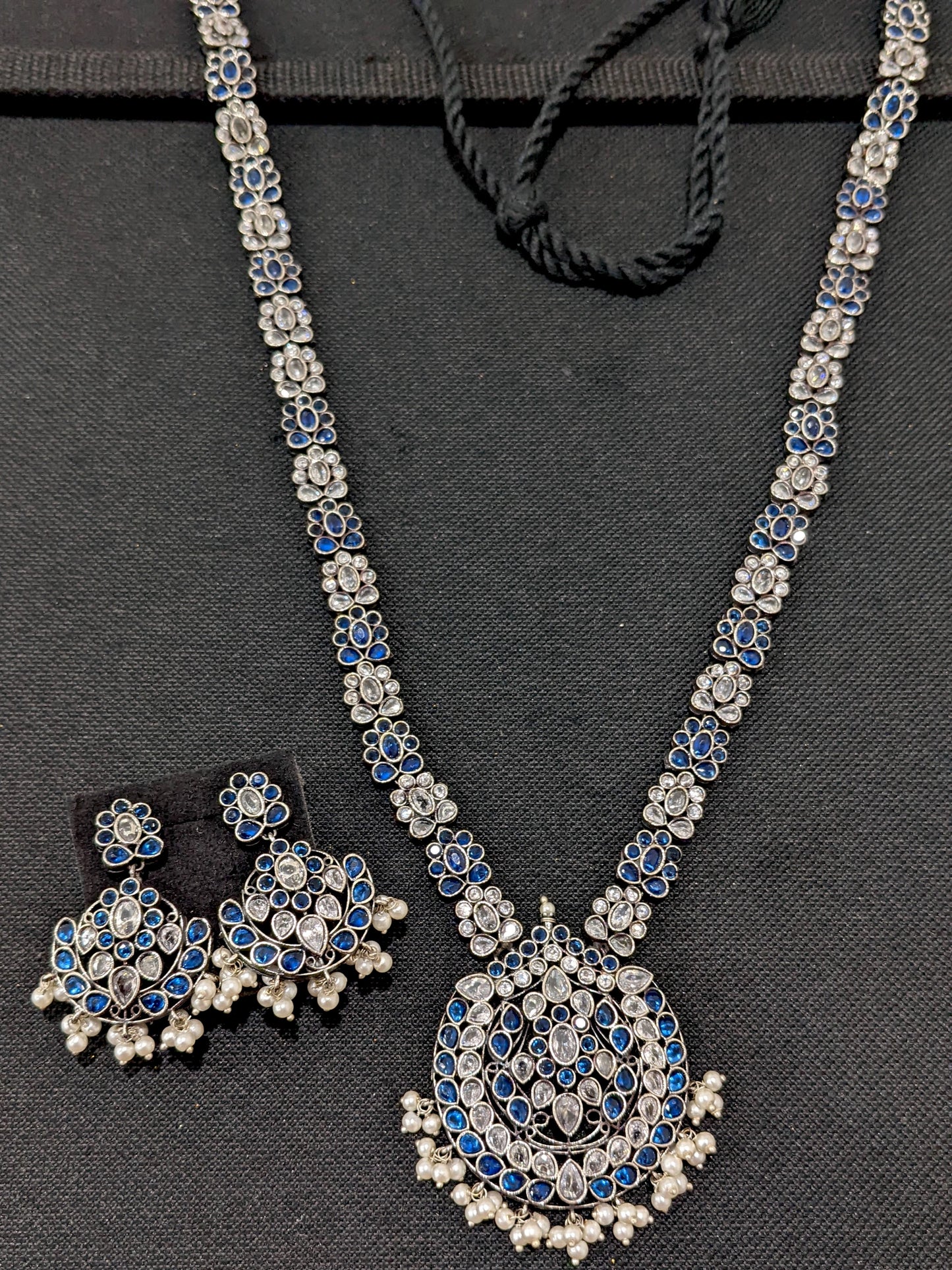 Flower design CZ stone German Silver Long haram and earrings set