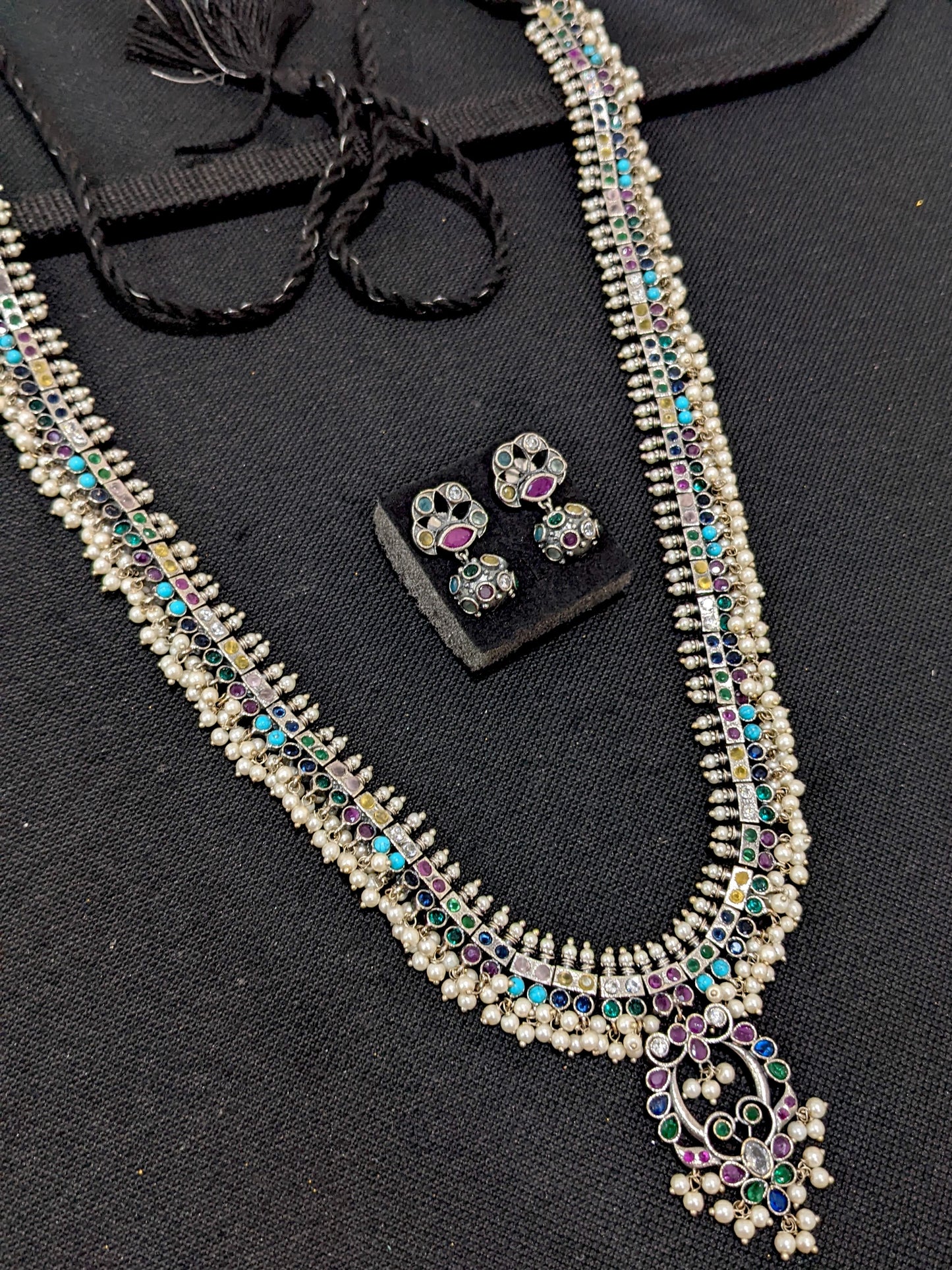Multi color CZ stone Guttapusalu German Silver Long haram and earrings set