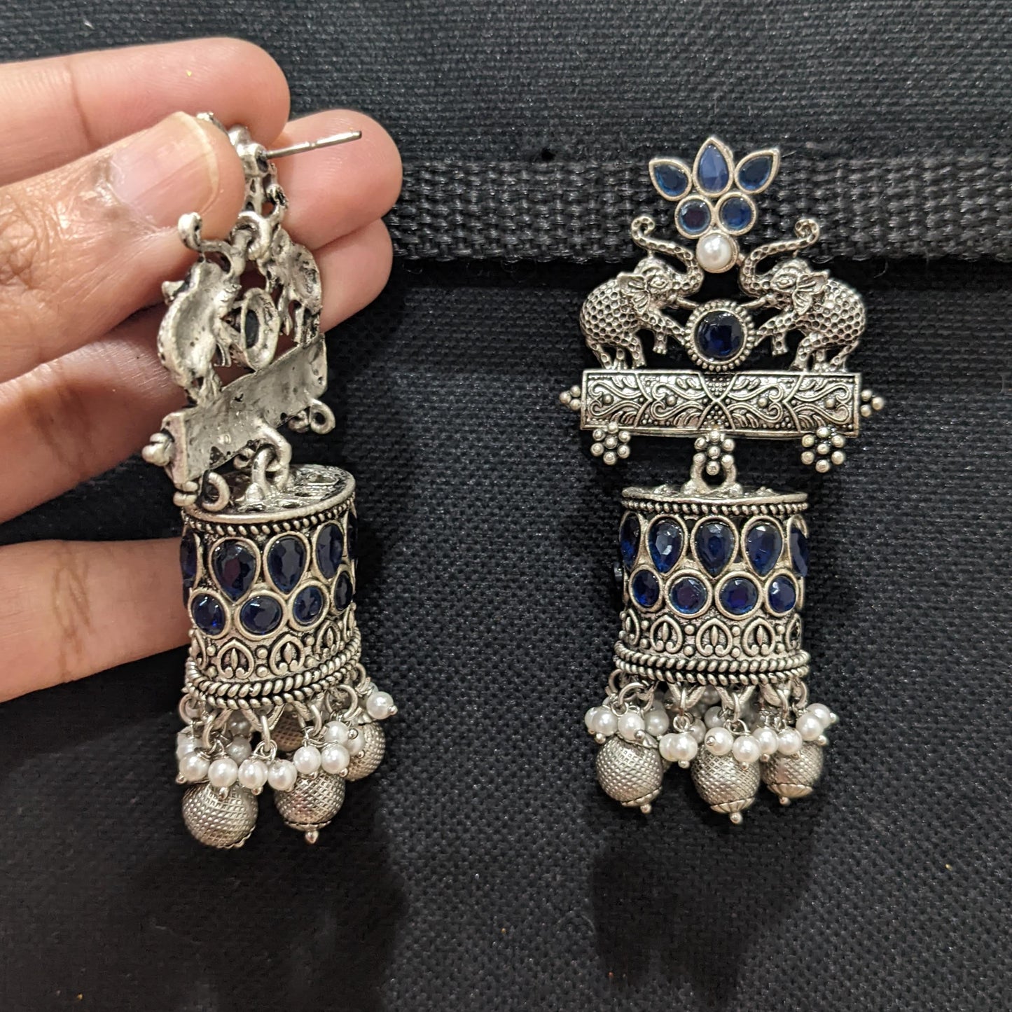 Elephant design Silver Rhodium Flat Jhumka earrings