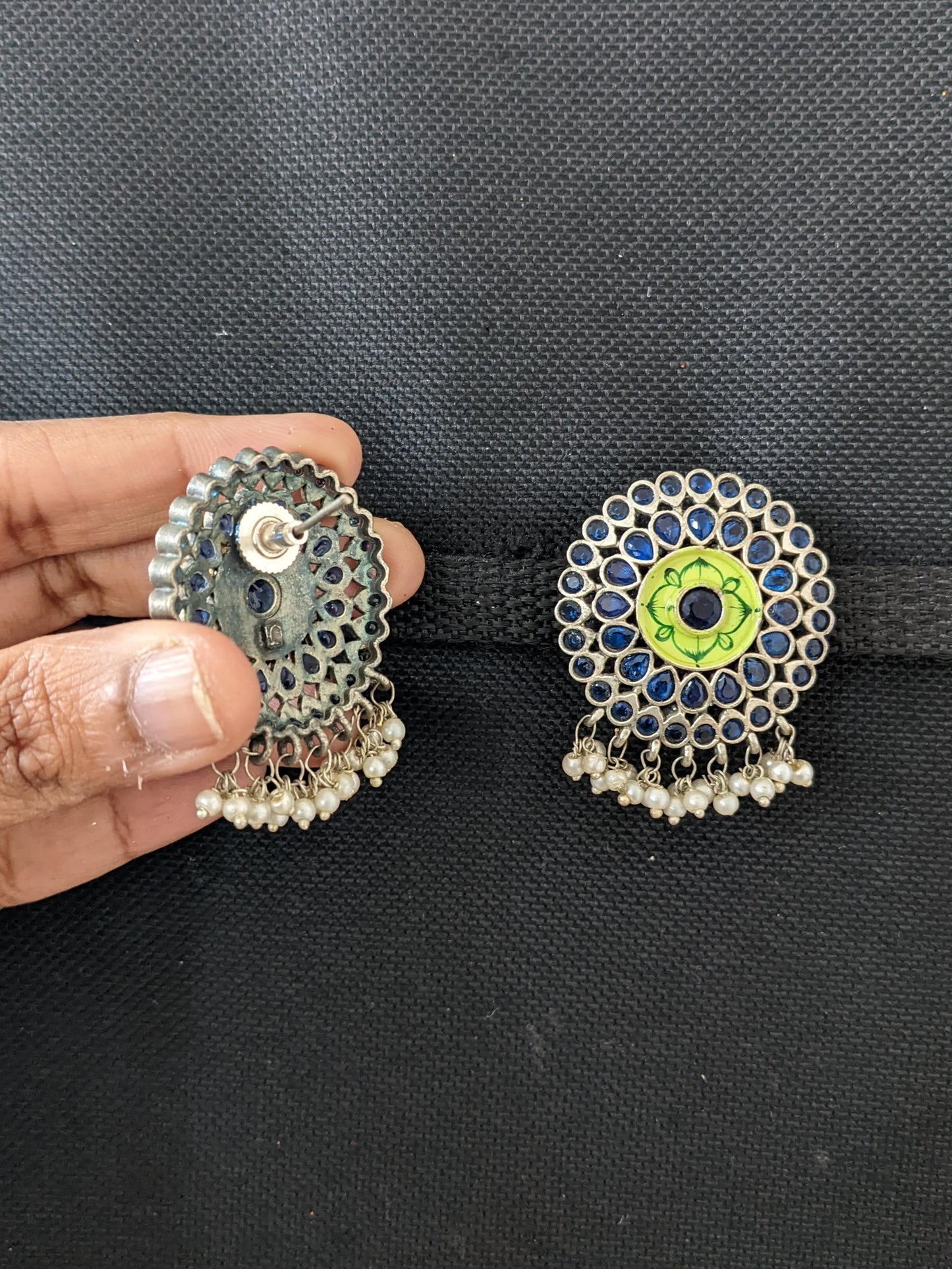 German Silver CZ stone Enamel Round Stud Earrings