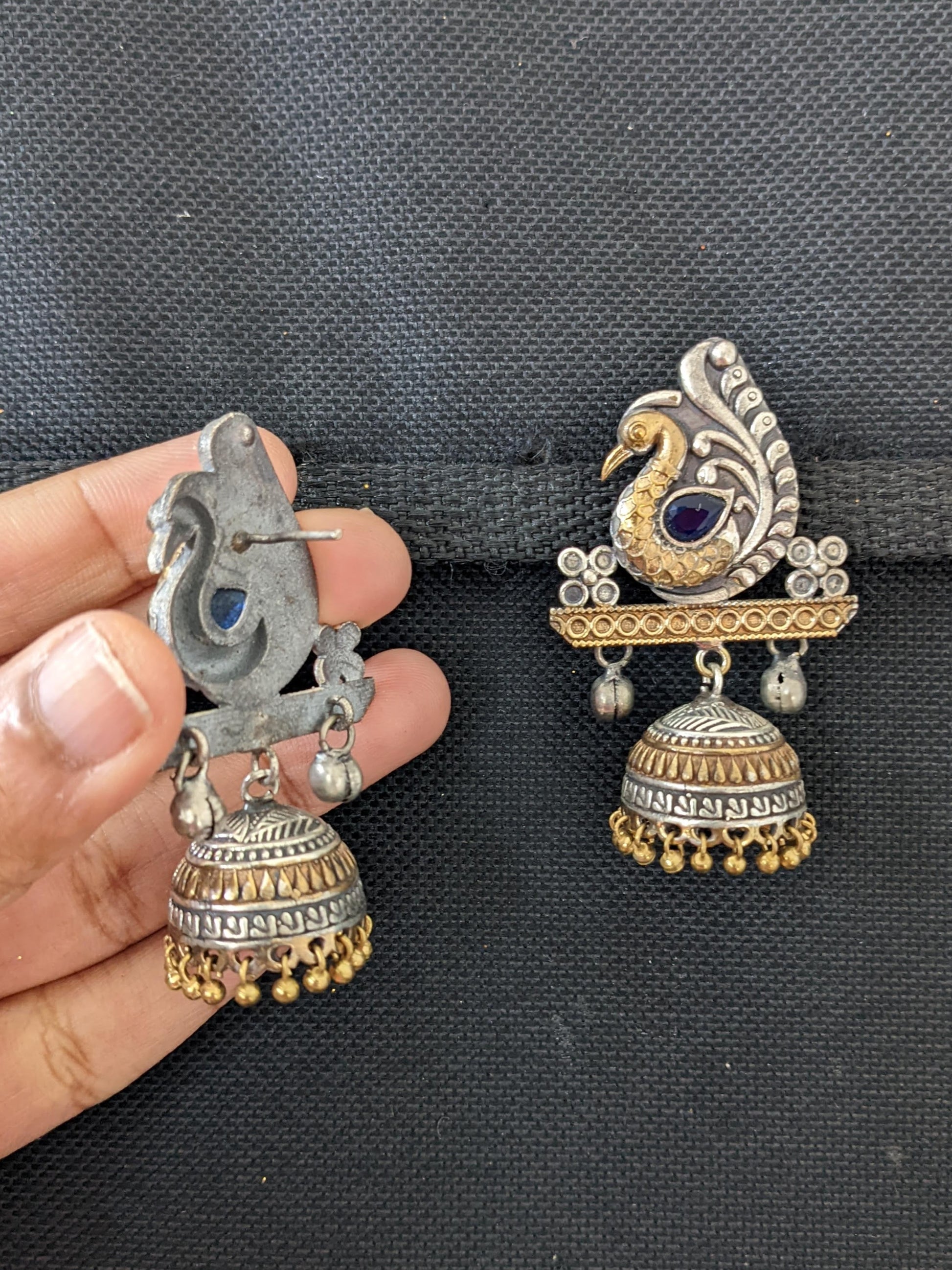 Peacock stud with jhumka hanging dual tone oxidized earring - Simpliful