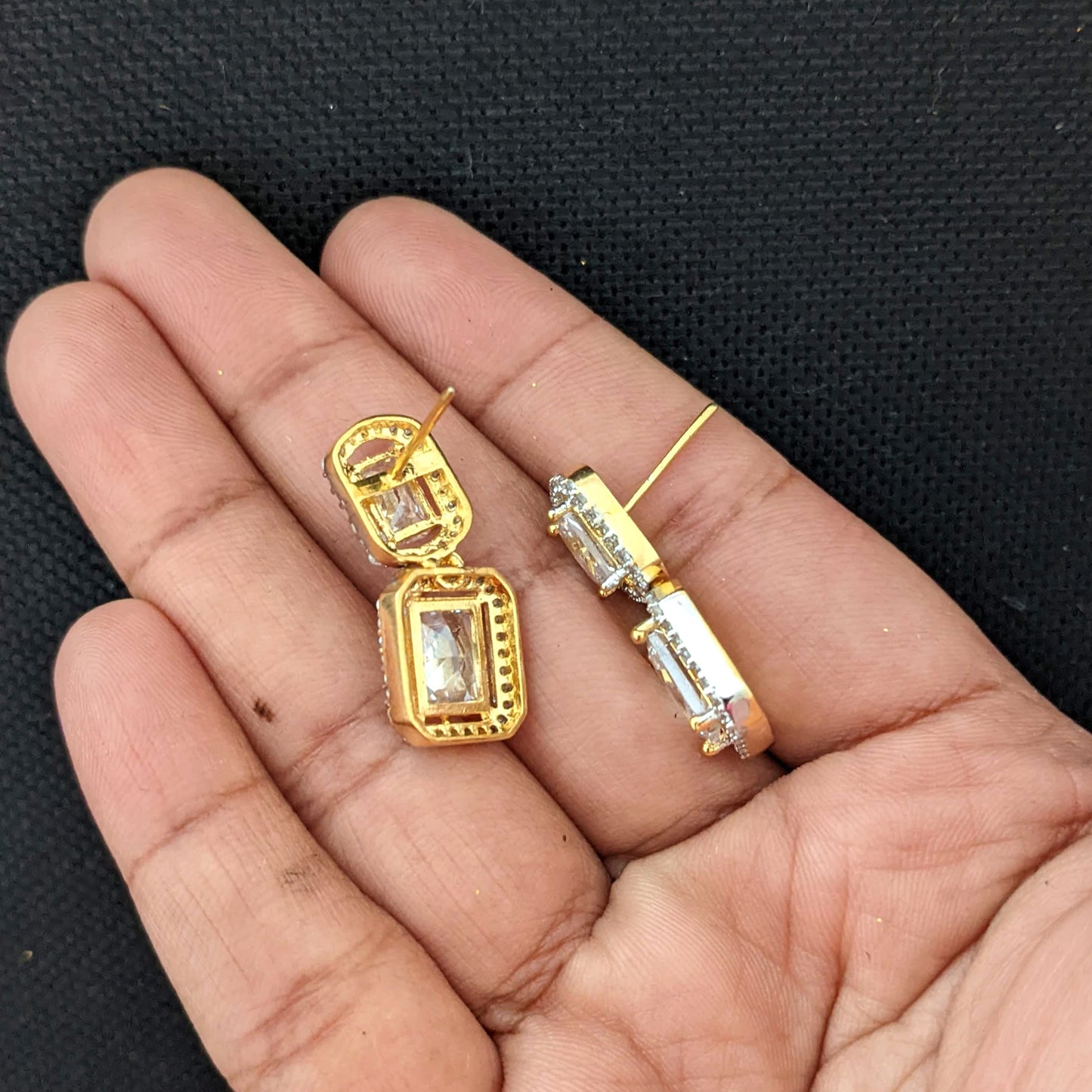 Rectangle design dual tone gold plated CZ Earrings