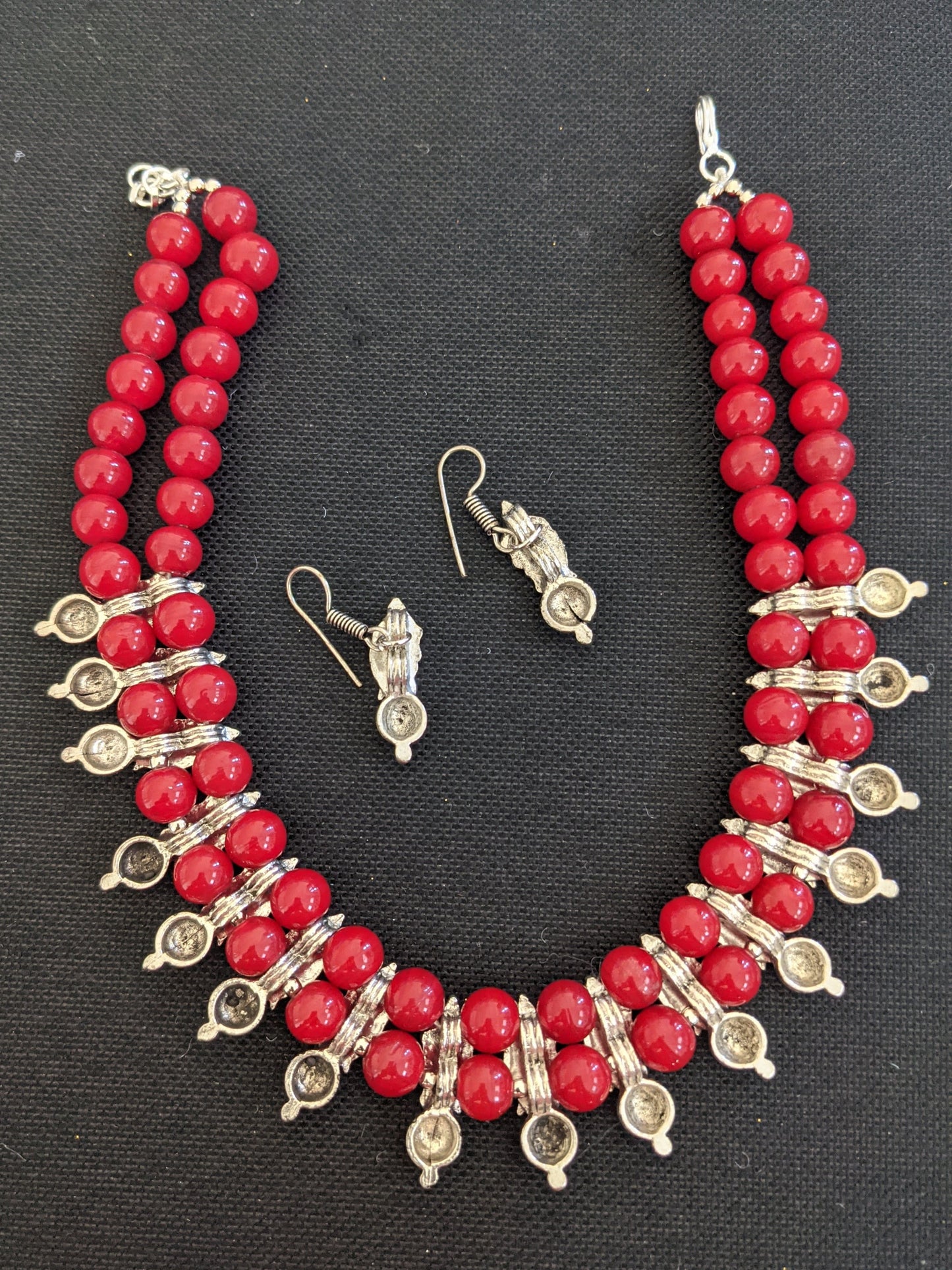 Dual strand bead Charm choker Necklace and hook drop earrings set