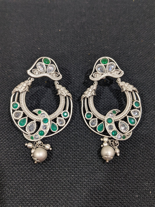 Bright silver matte plated Moon Design CZ Earrings