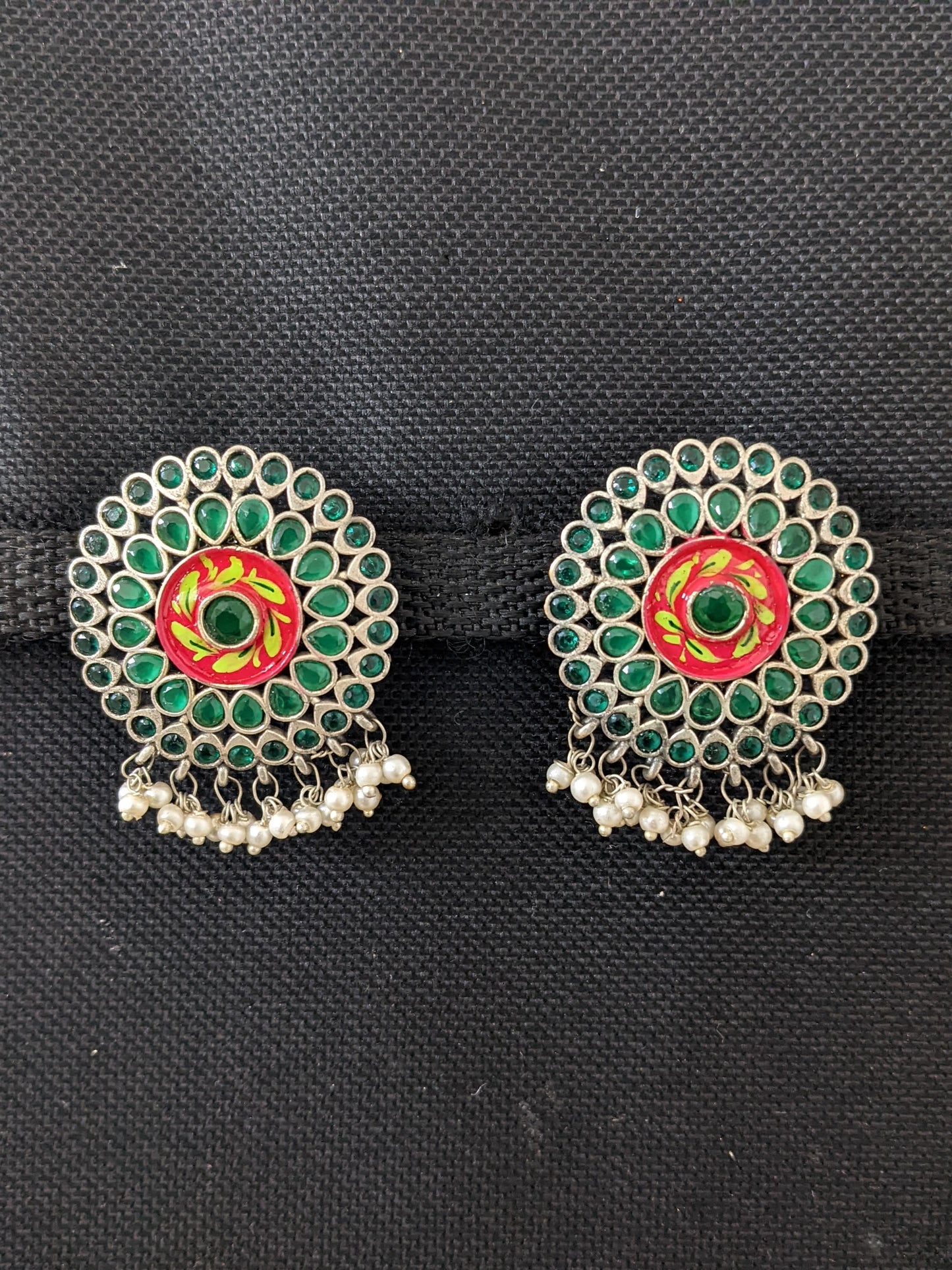 German Silver CZ stone Enamel Round Stud Earrings