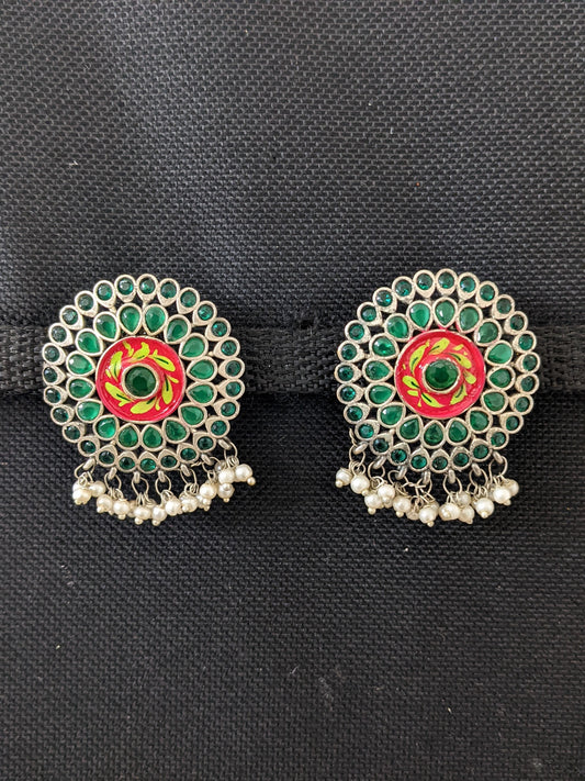 German Silver CZ stone Enamel Round Stud Earrings