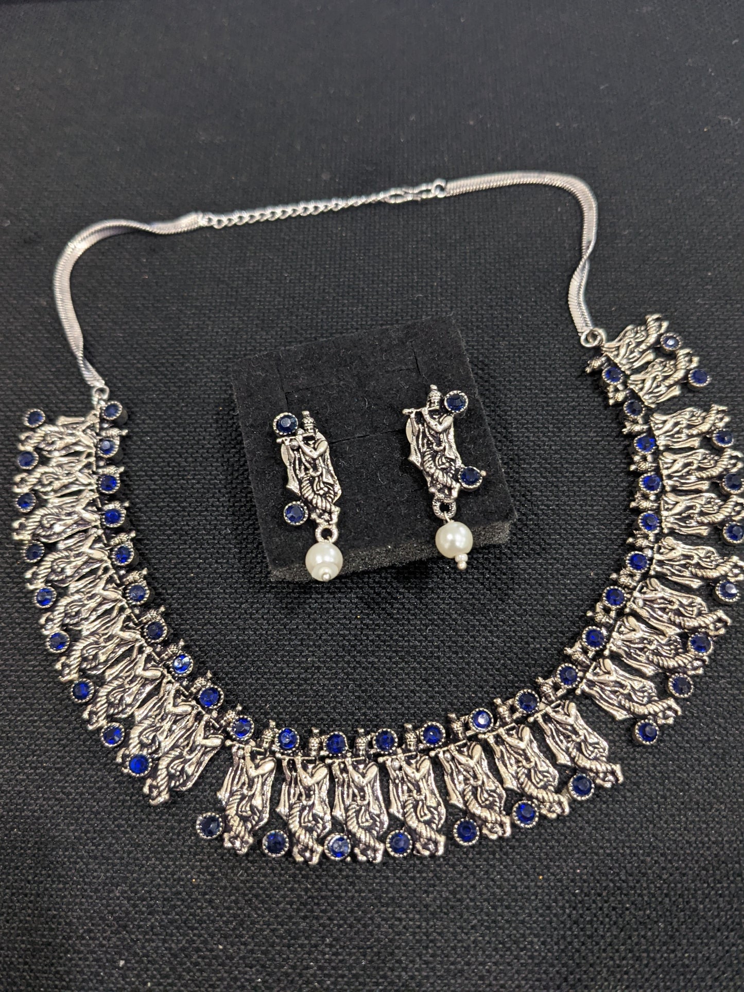 Oxidized Silver Lord Krishna Choker Necklace and Earring set - Simpliful