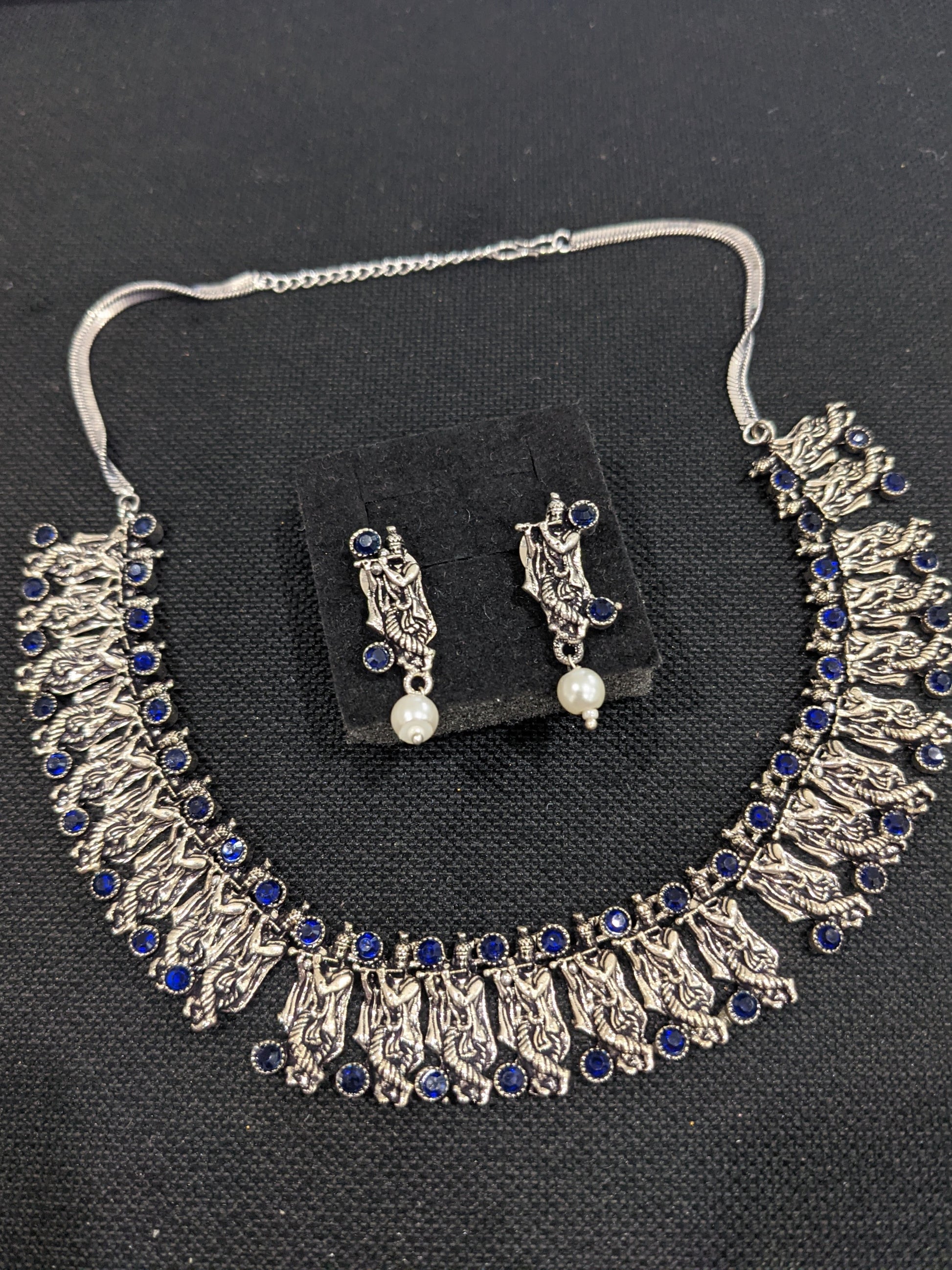 Oxidized Silver Lord Krishna Choker Necklace and Earring set - Simpliful