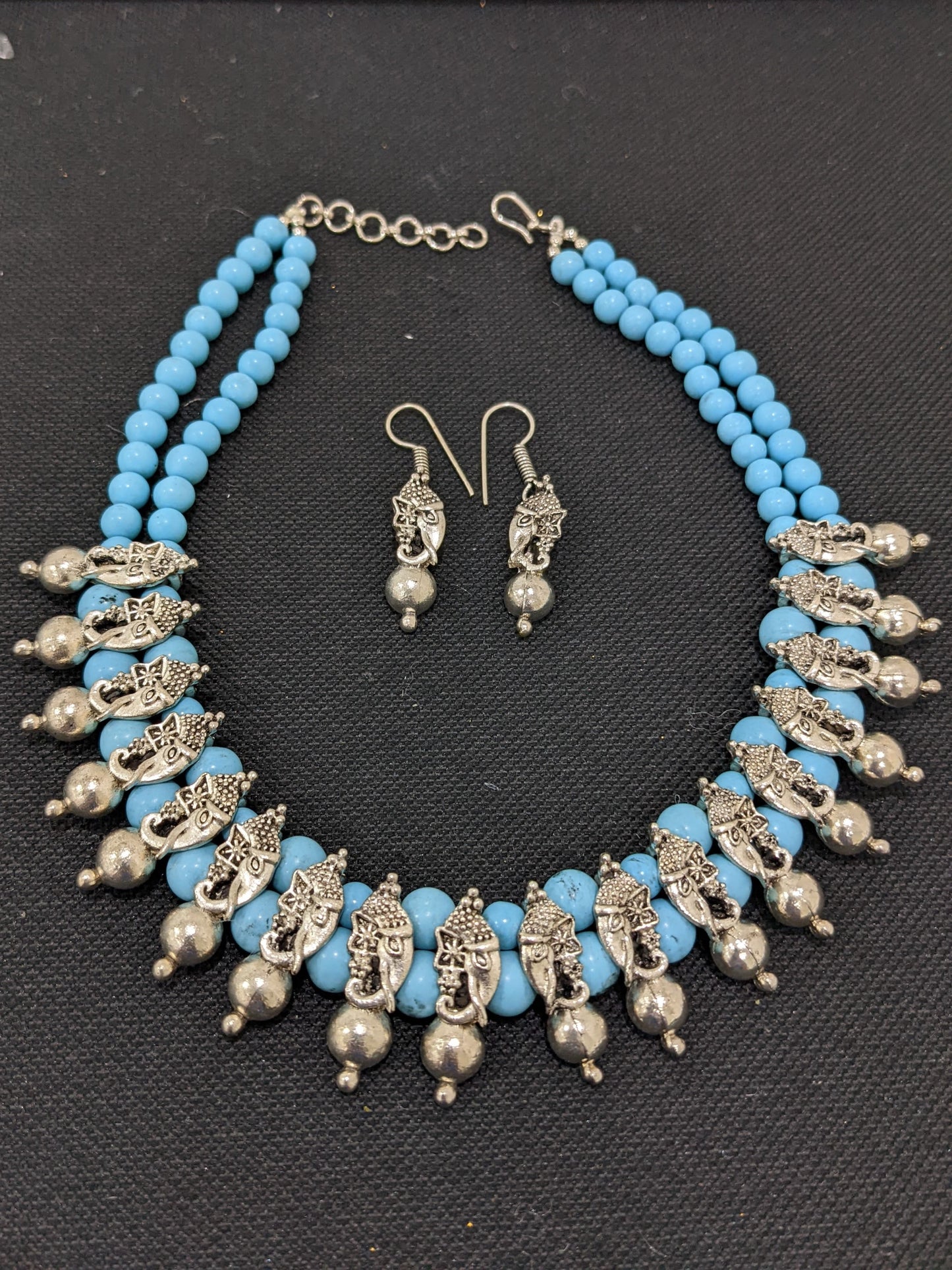 Dual strand bead Charm choker Necklace and hook drop earrings set