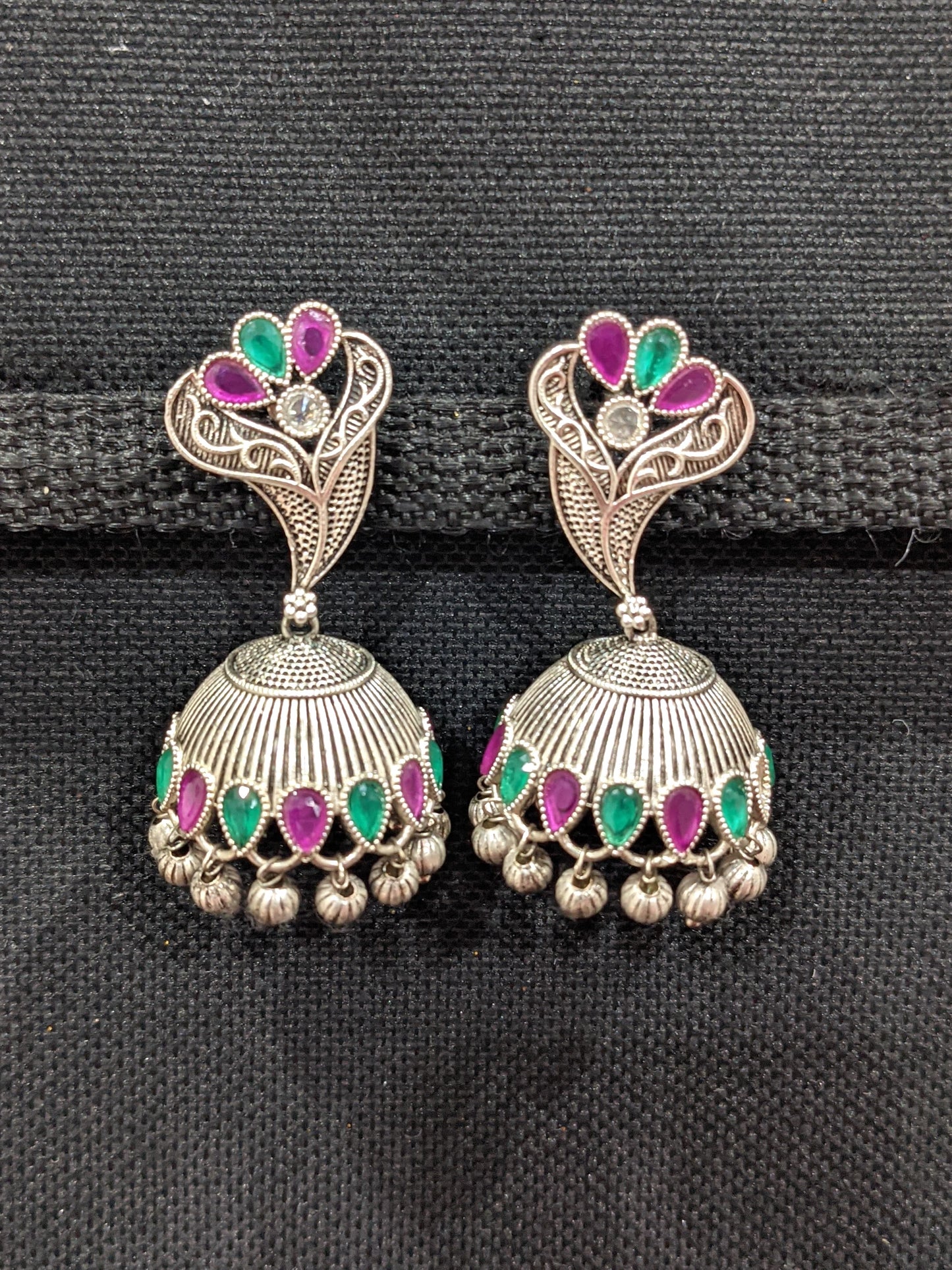 CZ stone Bright Silver Flower jhumka earrings