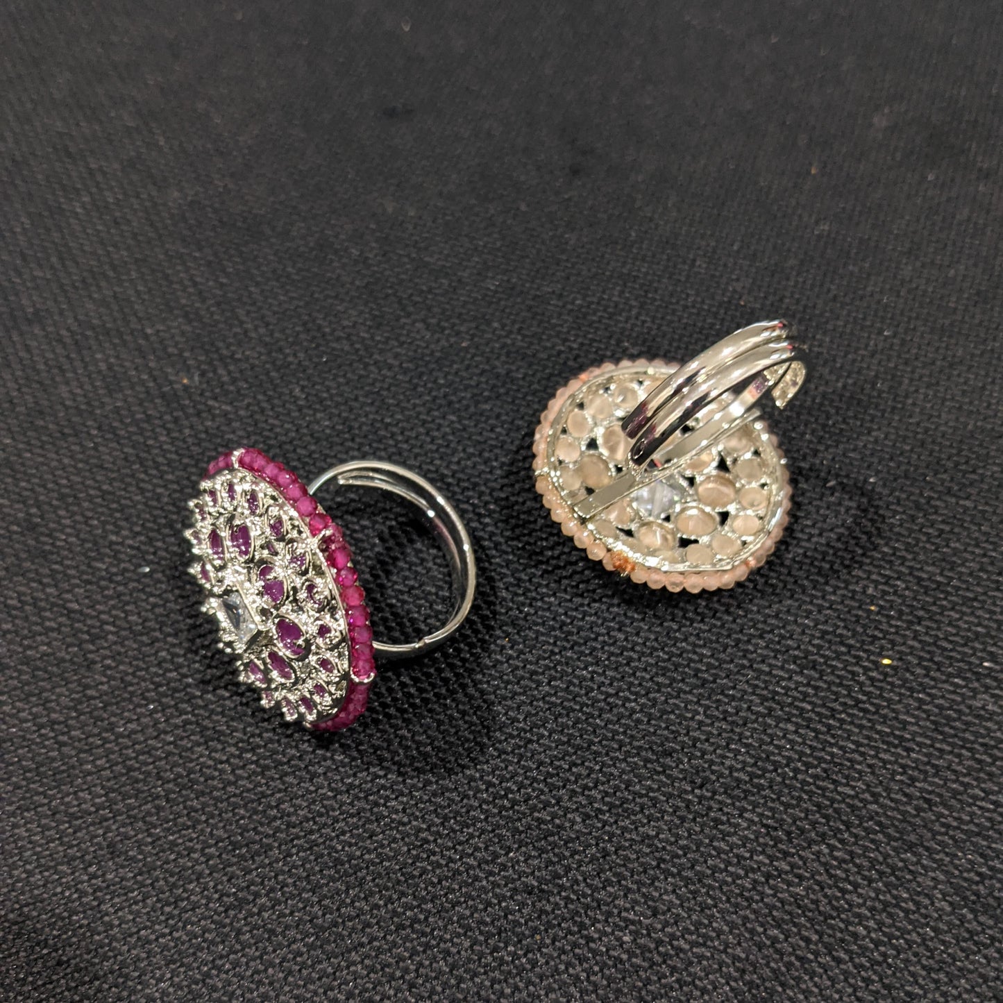 Silver Rhodium plated Polki stone Round adjustable Finger rings