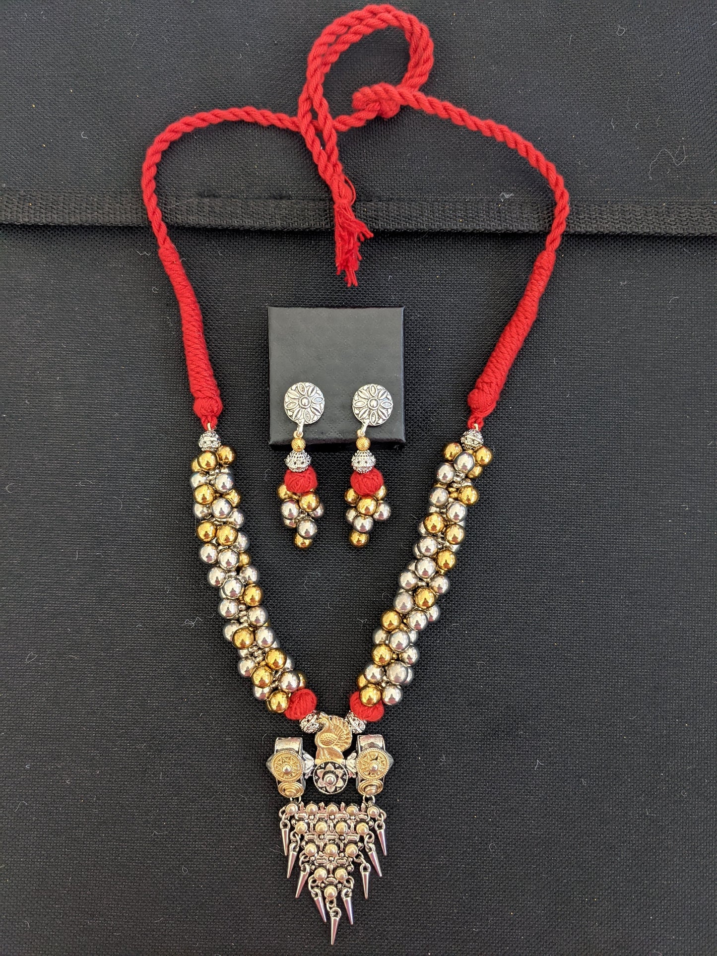 2 tone triangle pendant with colorful thread Necklace and earrings set