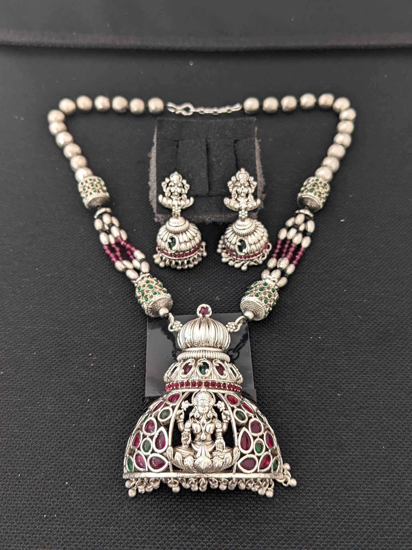 Lakshmi ji Matte Silver rhodium Pendant and jhumka earrings set