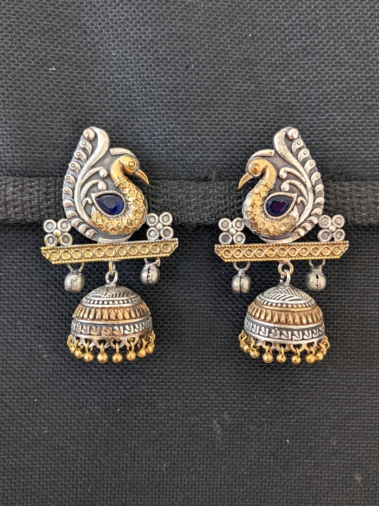 Peacock stud with jhumka hanging dual tone oxidized earring - Simpliful
