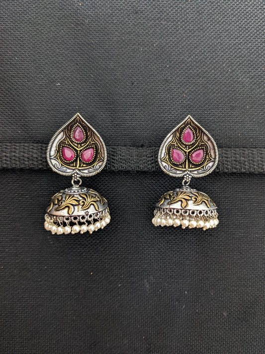 2 tone leaf design jhumka Earrings - Simpliful