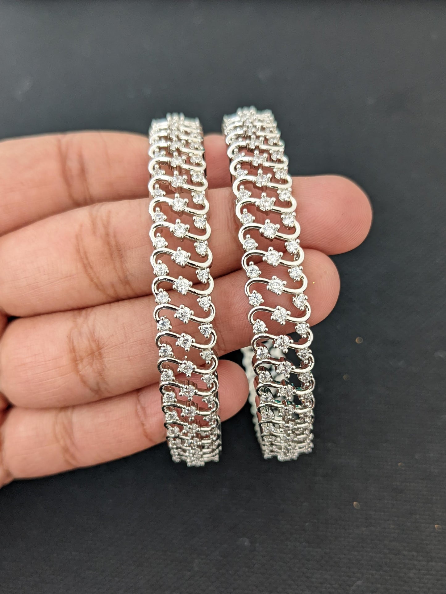 S shape Silver Rhodium plated CZ bangles