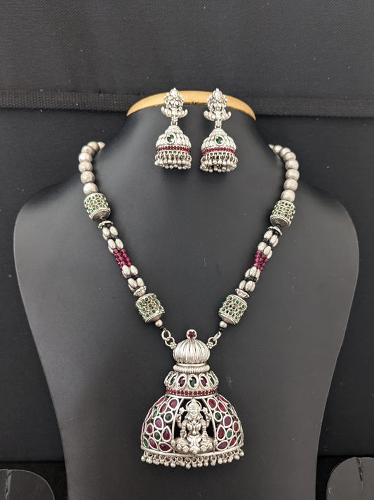 Lakshmi ji Matte Silver rhodium Pendant and jhumka earrings set