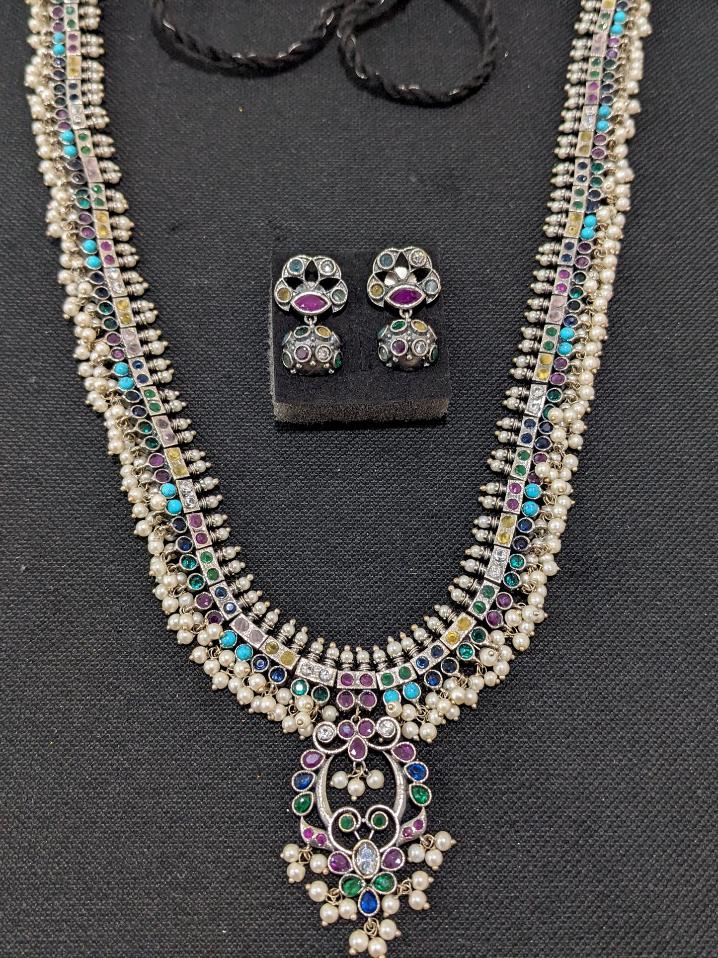Multi color CZ stone Guttapusalu German Silver Long haram and earrings set