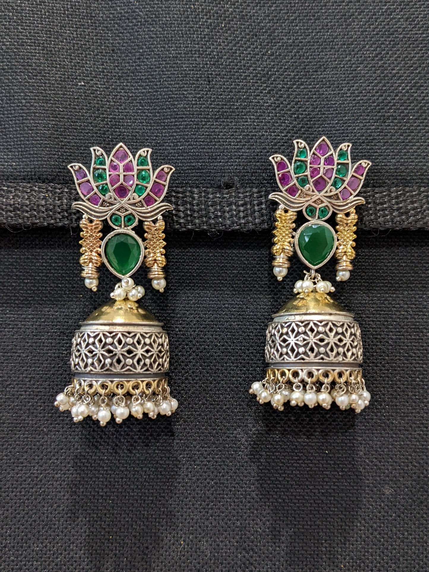 German Silver Dual Tone Lotus Jhumka Earrings