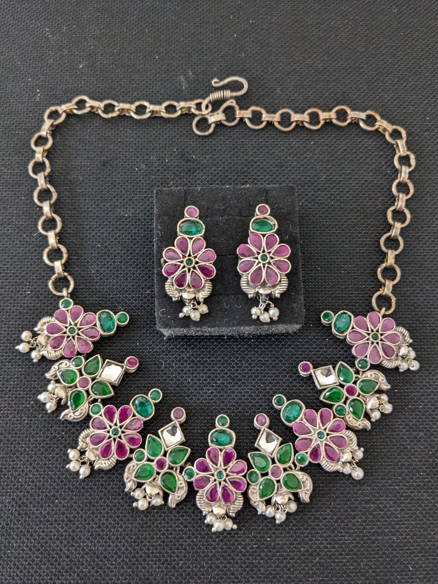 Oxidized Silver CZ stone Simple Choker set