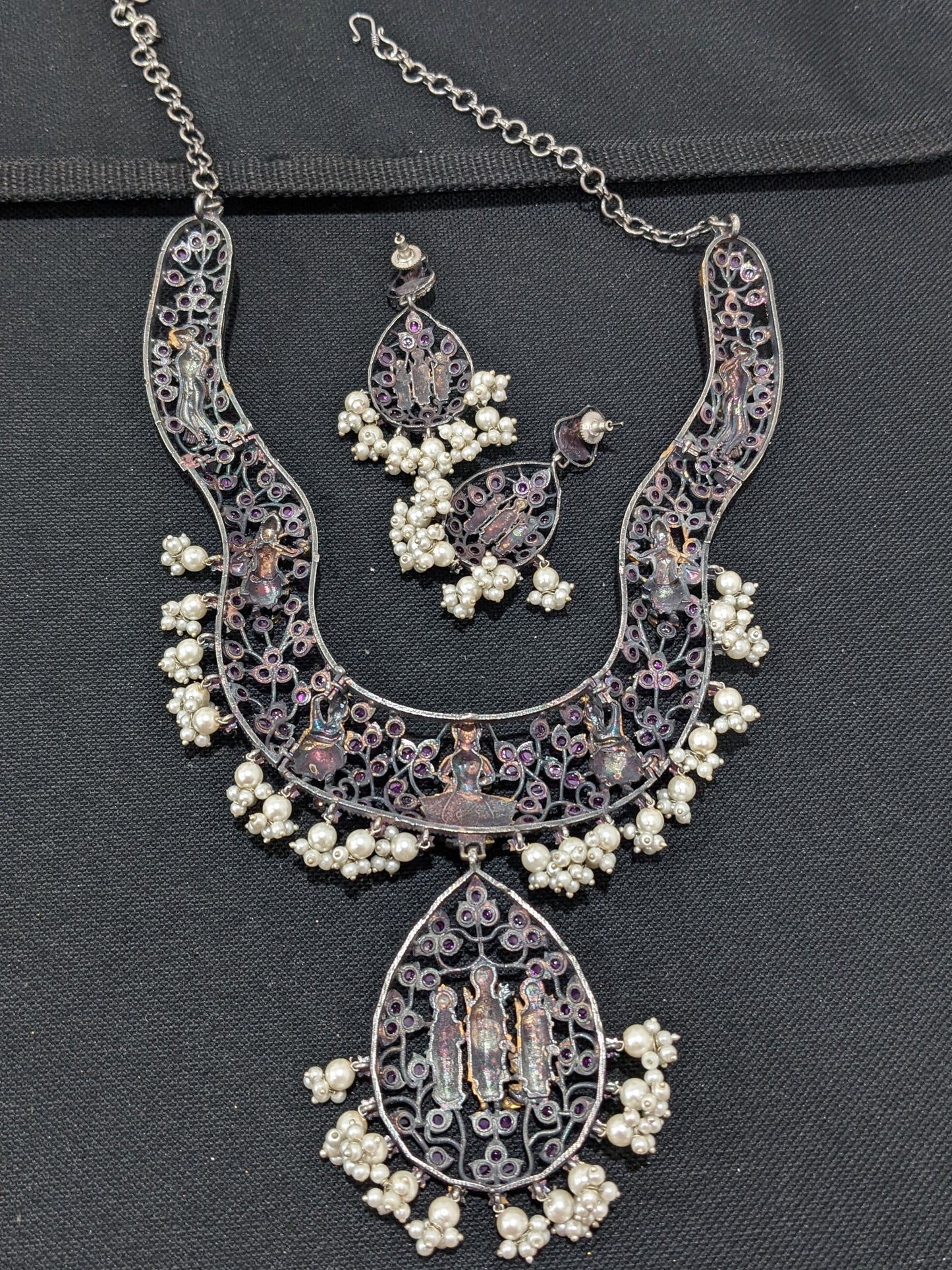 Ram Parivaar design German Silver Long haram and earrings set