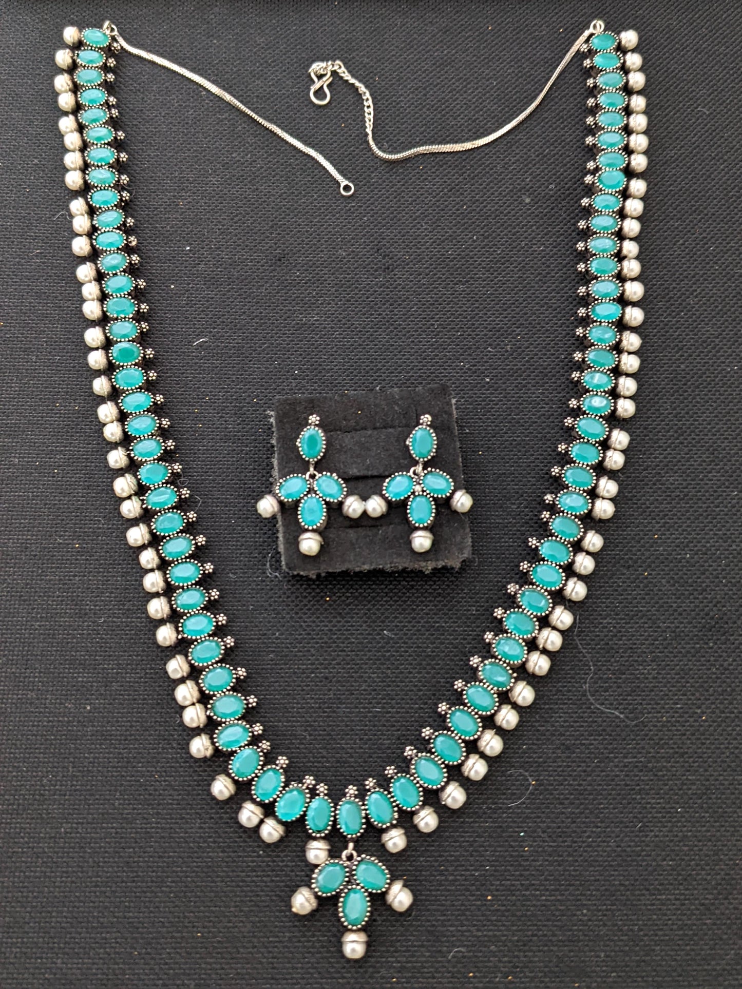 Oxidized Silver Oval Polki stone Long necklace and stud earrings set