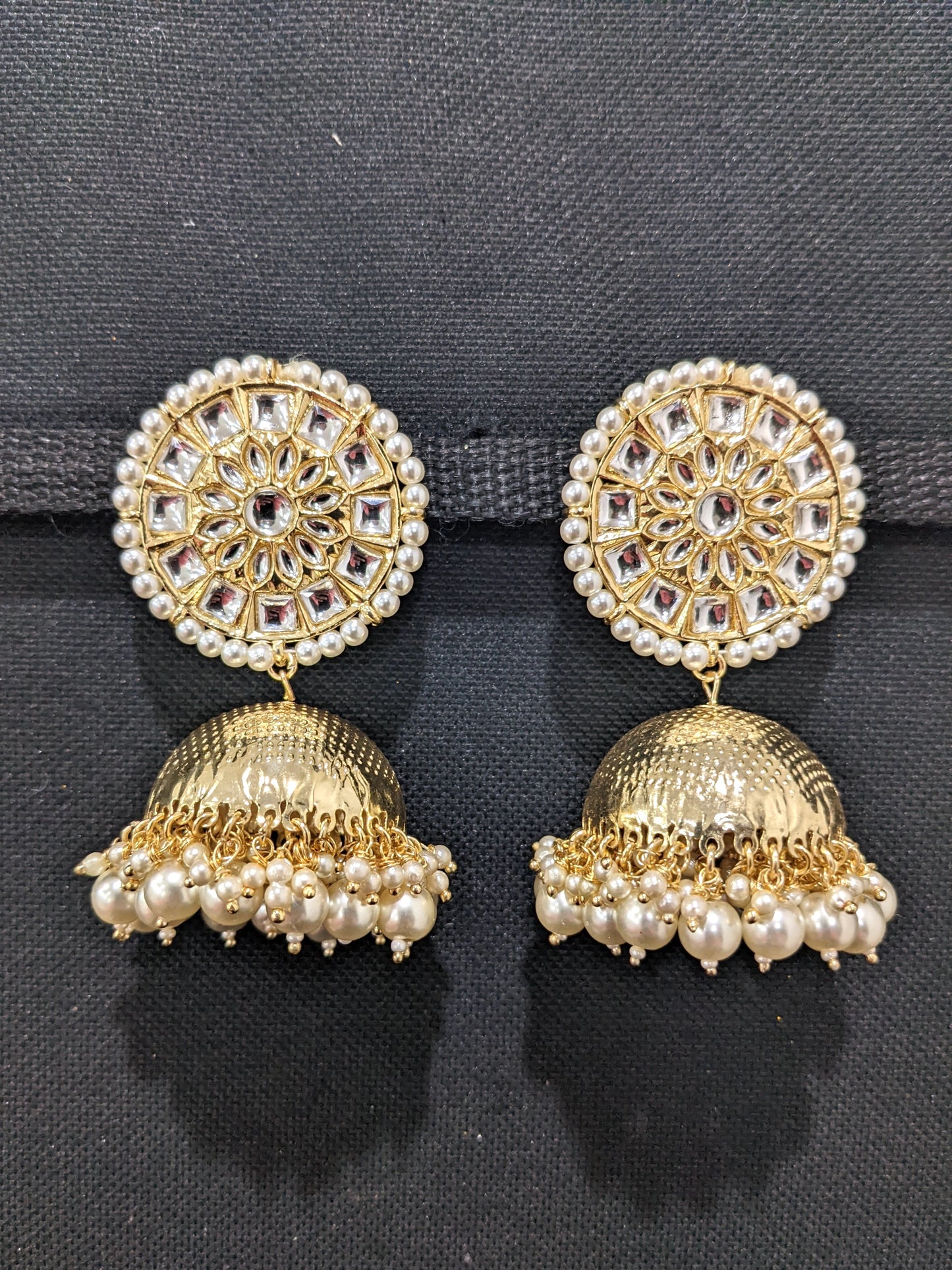 Pearl surrounded Glass kundan Stud with Large Jhumka Earrings