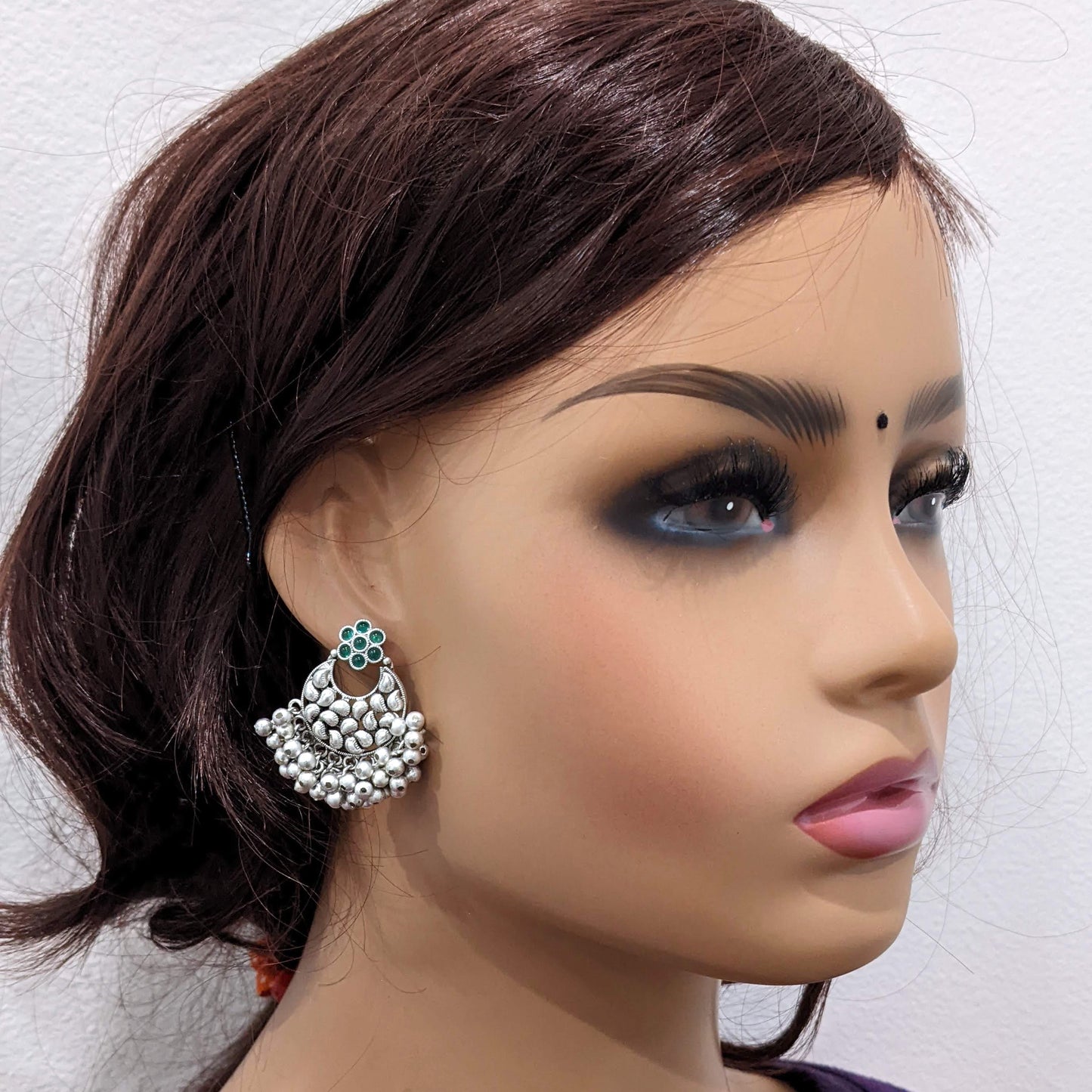 Bright rhodium silver matte finish Kemp Chandbali Earrings