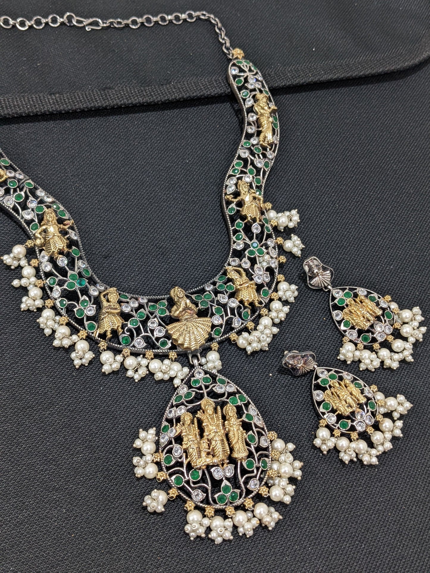 Ram Parivaar design German Silver Long haram and earrings set