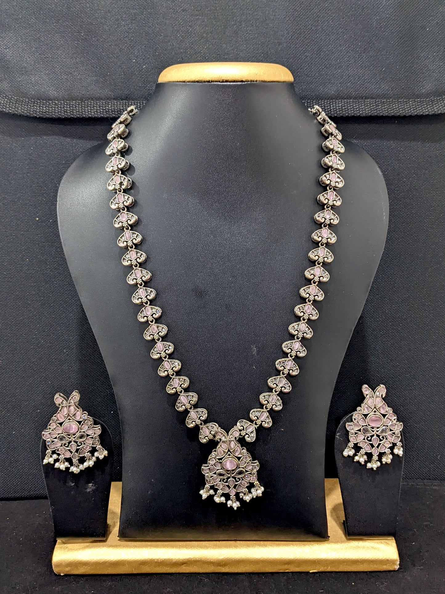 Peacock design CZ stone German Silver Long haram and earrings set