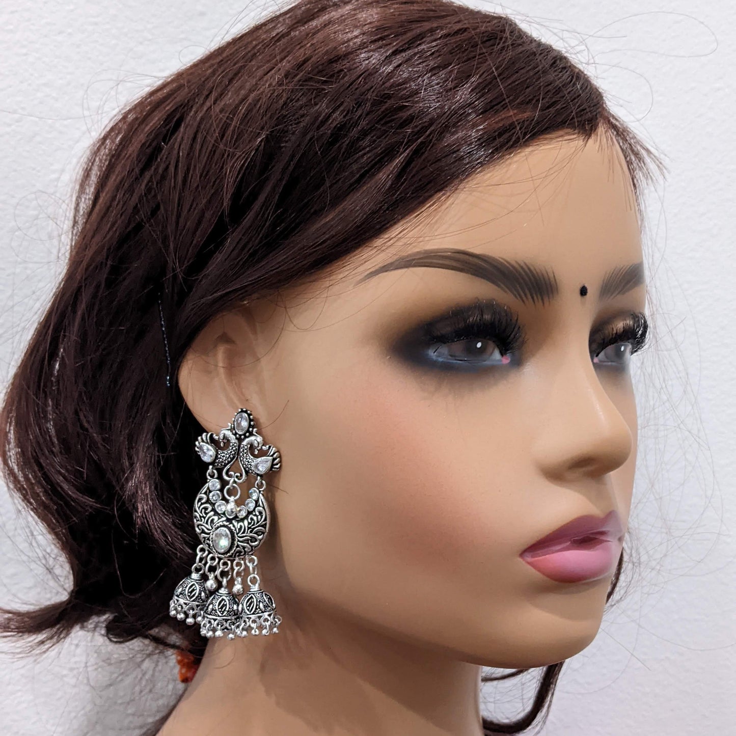 Oxidized silver White CZ Multiple jhumka Earrings