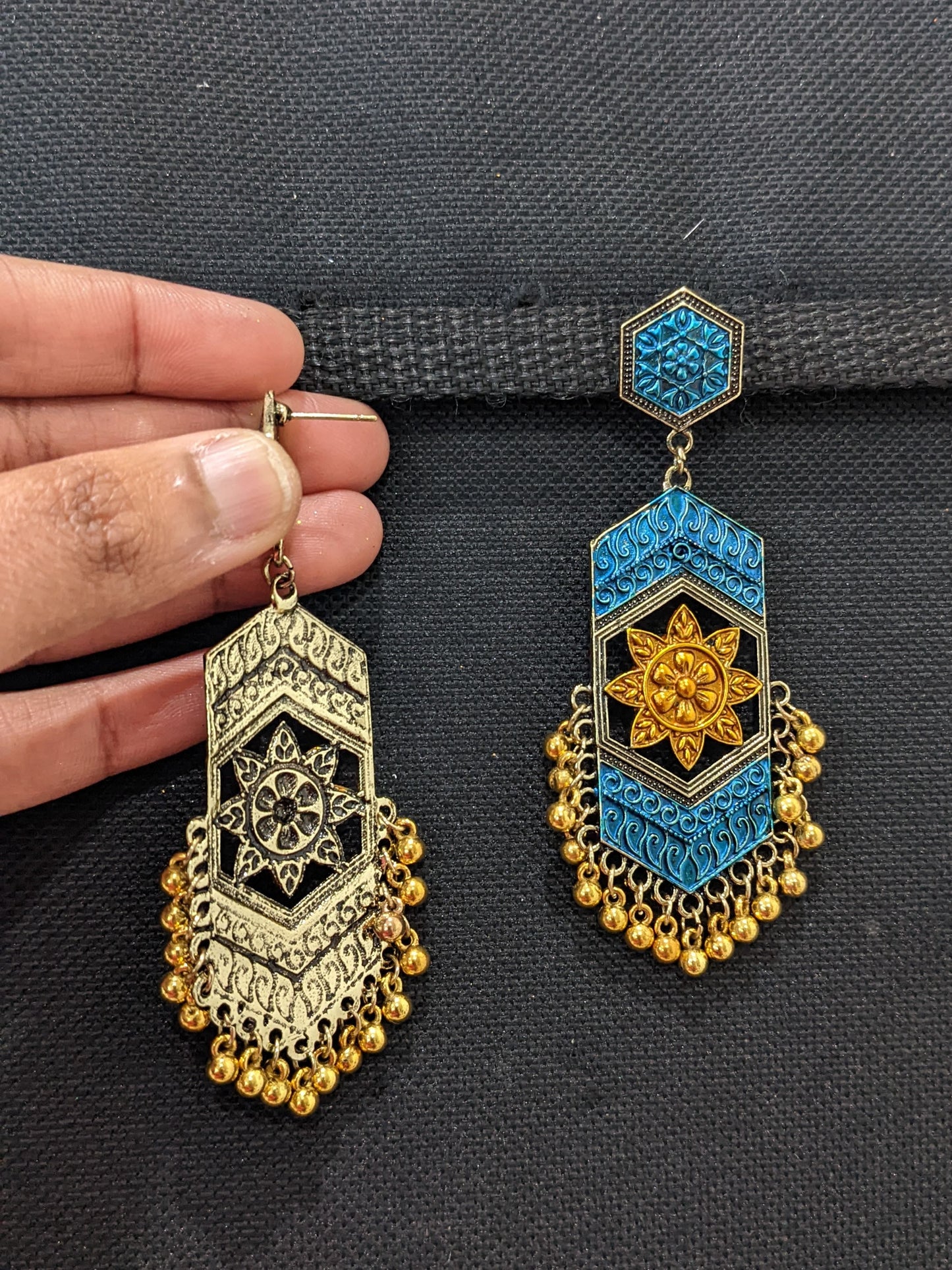 Hexagon stud with matte meenakari work gold bead hanging long antique earring - Simpliful