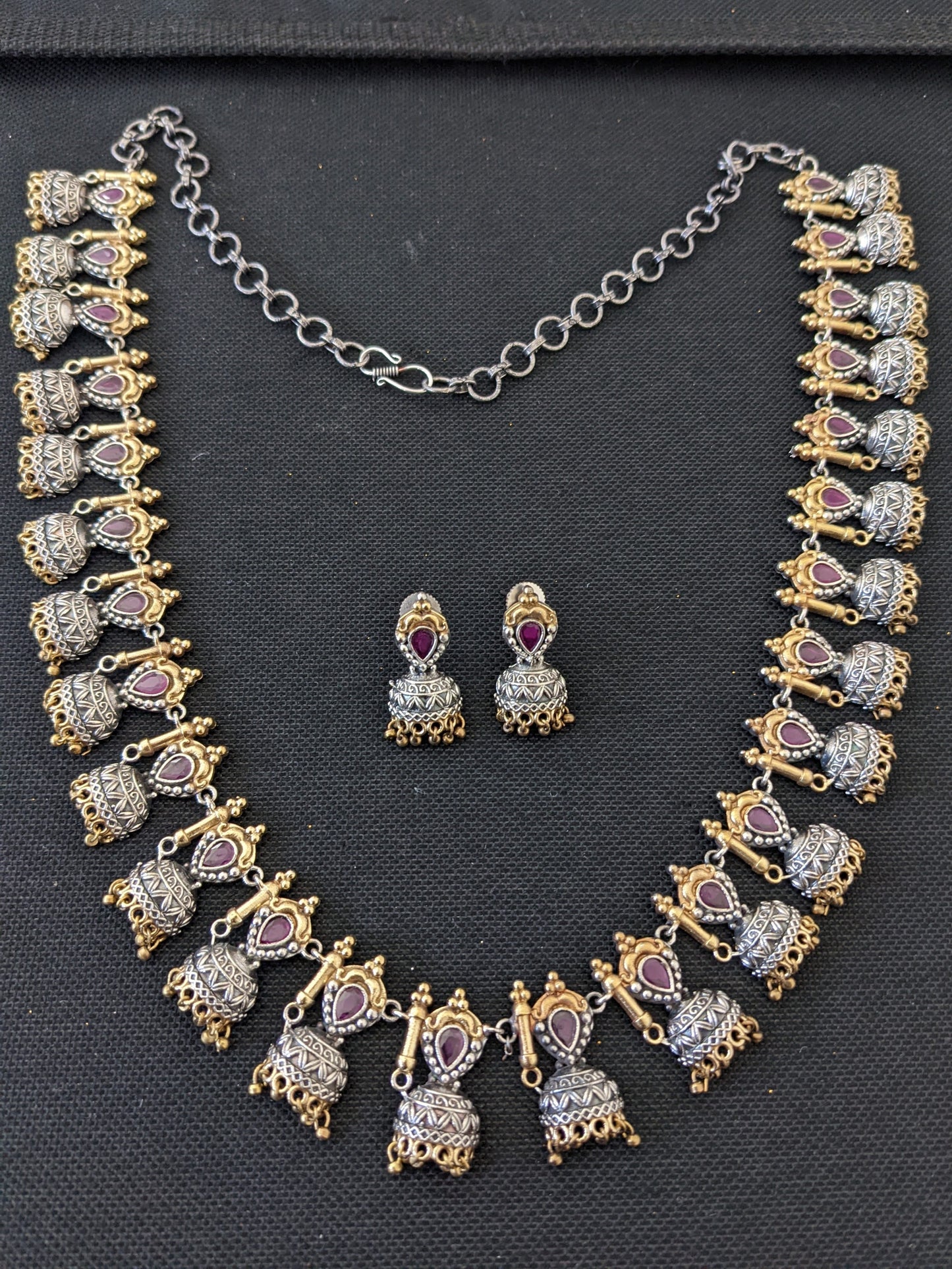 Cut Jhumka CZ stone Dual tone German Silver Long haram and earrings set