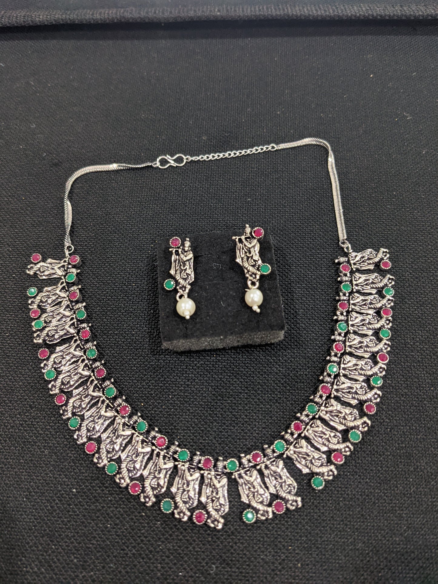 Oxidized Silver Lord Krishna Choker Necklace and Earring set - Simpliful
