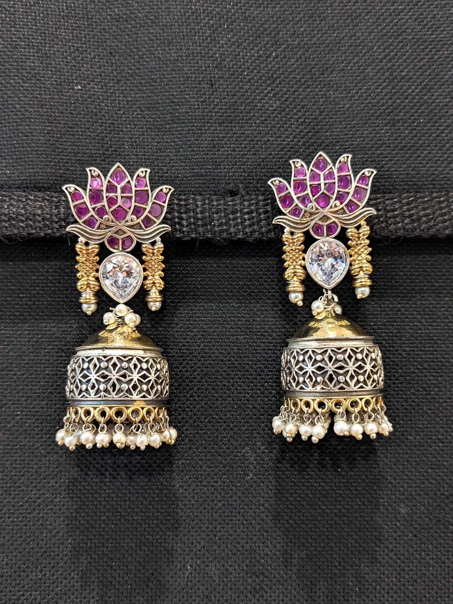 German Silver Dual Tone Lotus Jhumka Earrings
