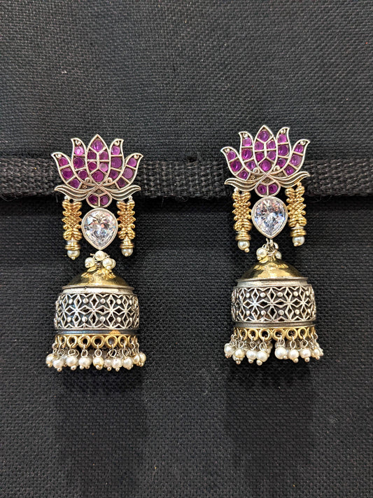 German Silver Dual Tone Lotus Jhumka Earrings