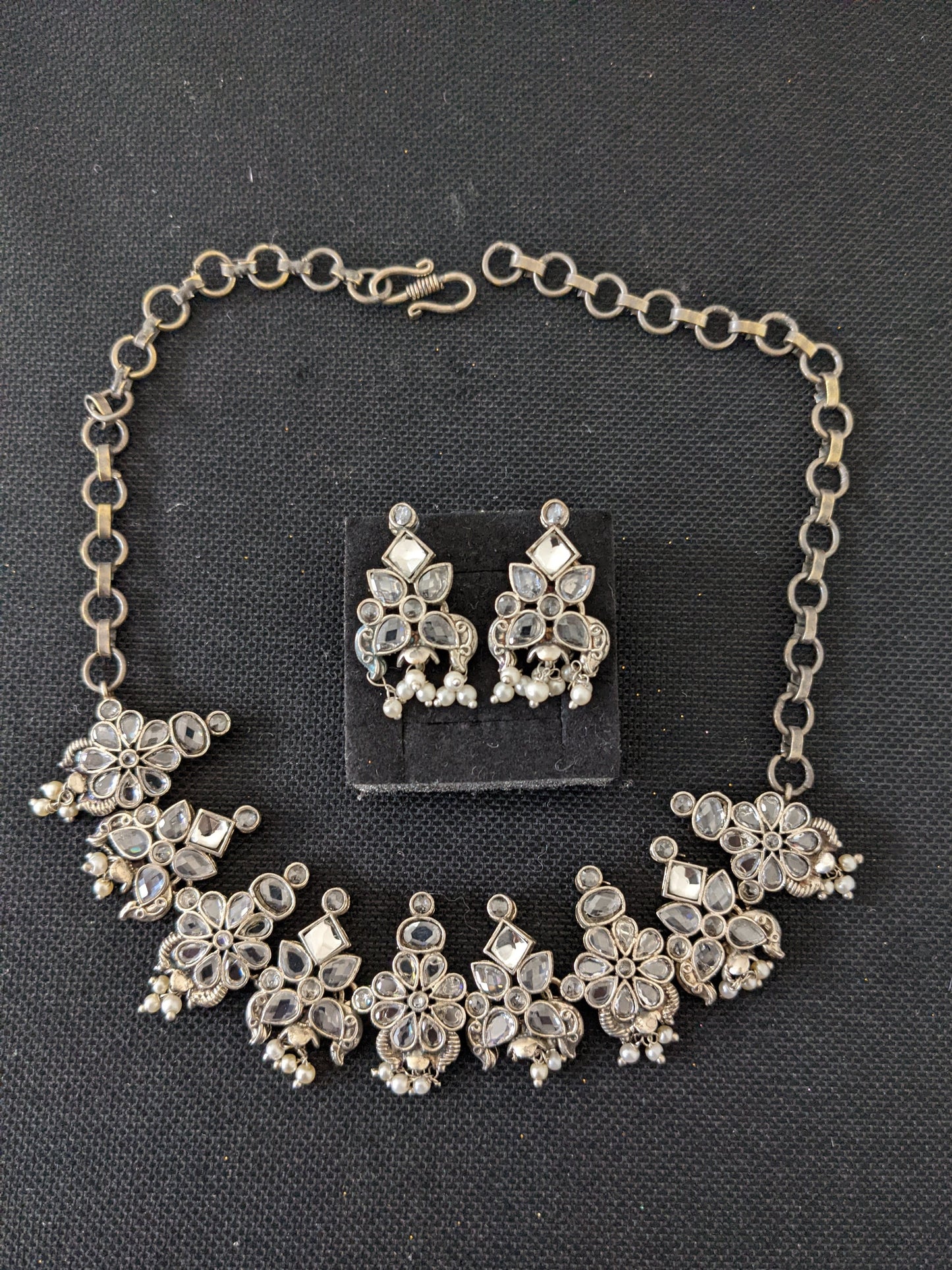 Oxidized Silver CZ stone Simple Choker set