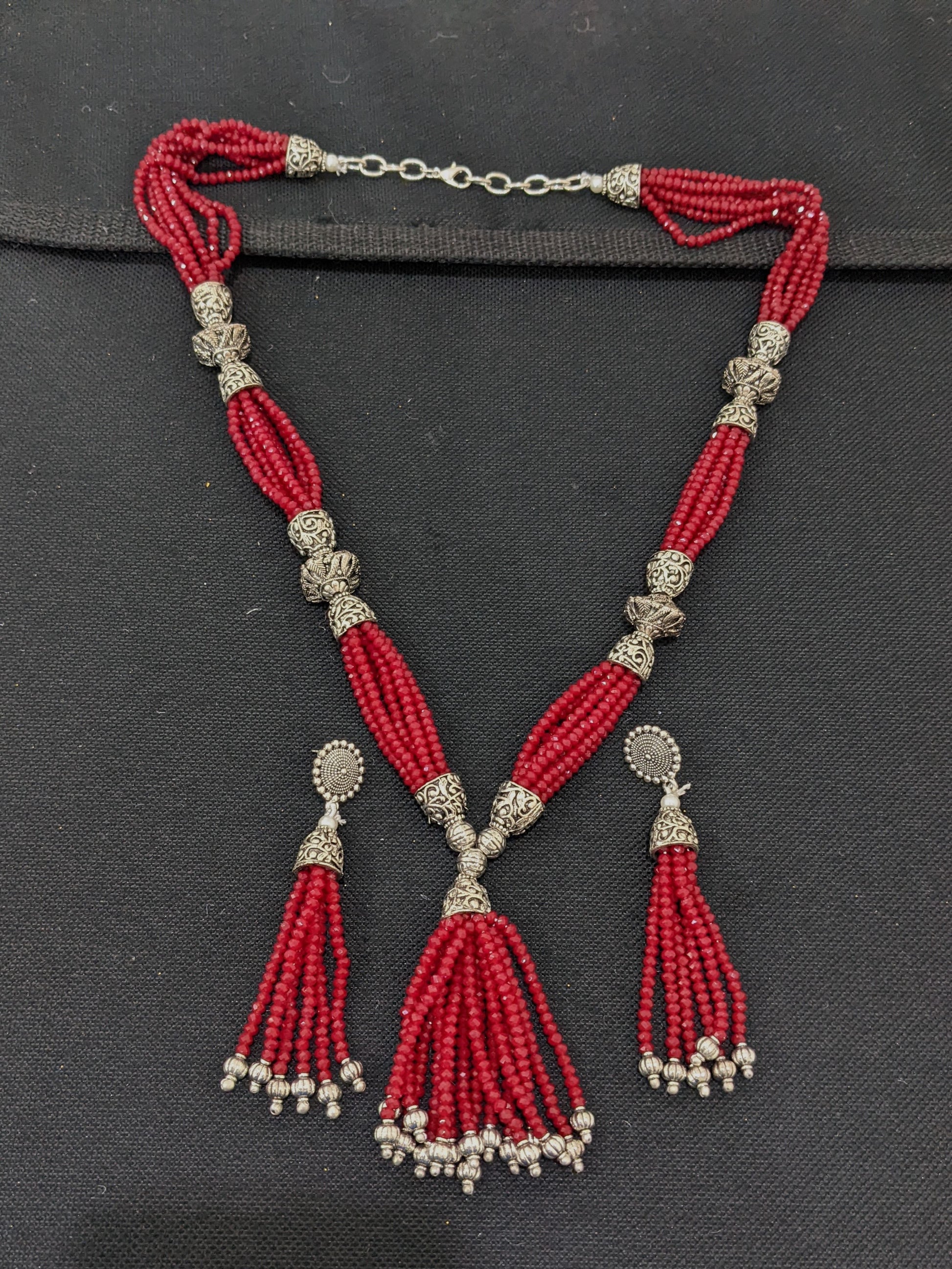 Crystal bead multi stranded tassel style oxidized long chain necklace and earring set - Simpliful