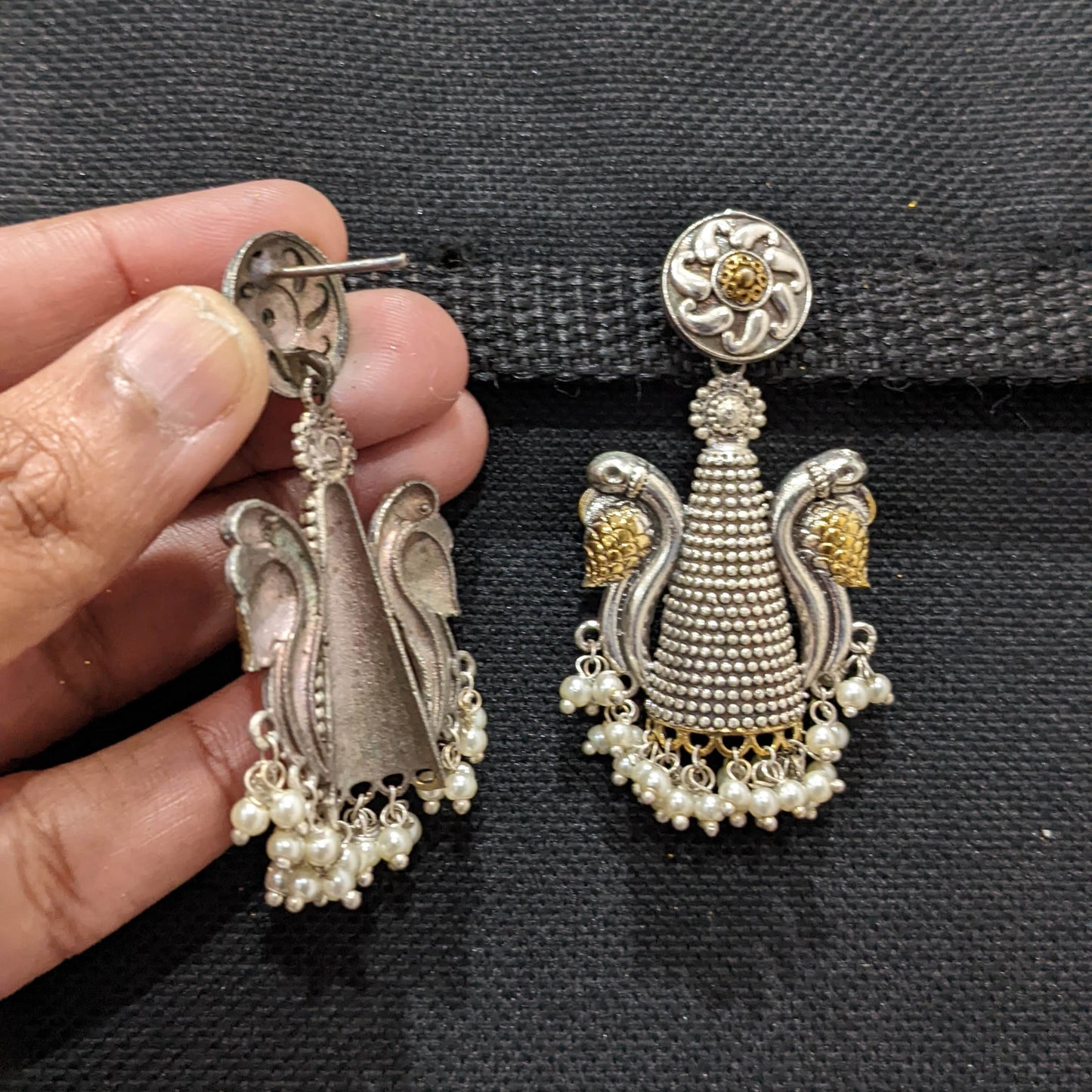 Pearl cluster bead hanging 2 tone German Silver Peacock Earring - Simpliful