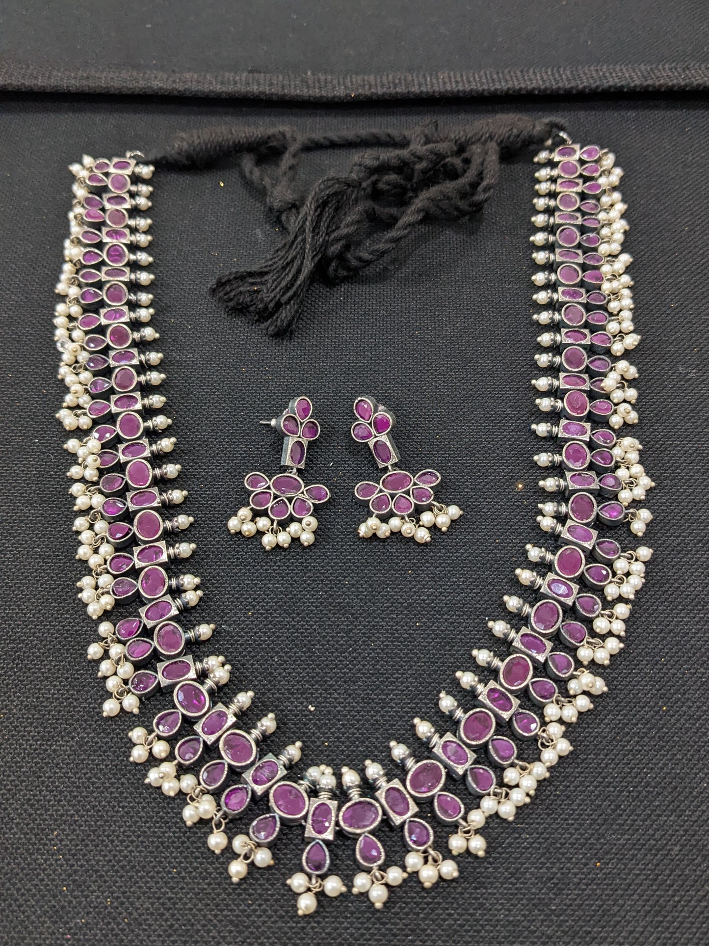 Guttapusalu CZ German Silver Long haram and earrings set