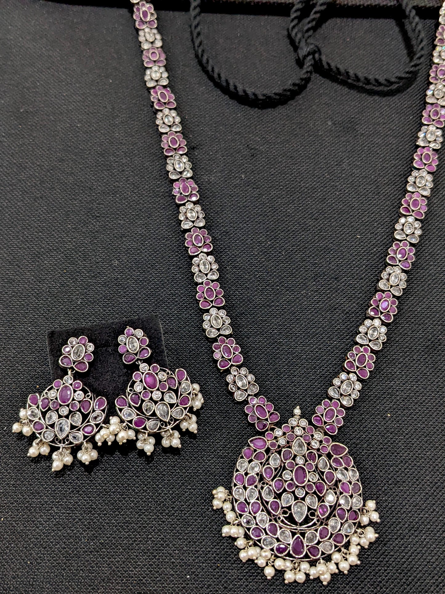 Flower design CZ stone German Silver Long haram and earrings set