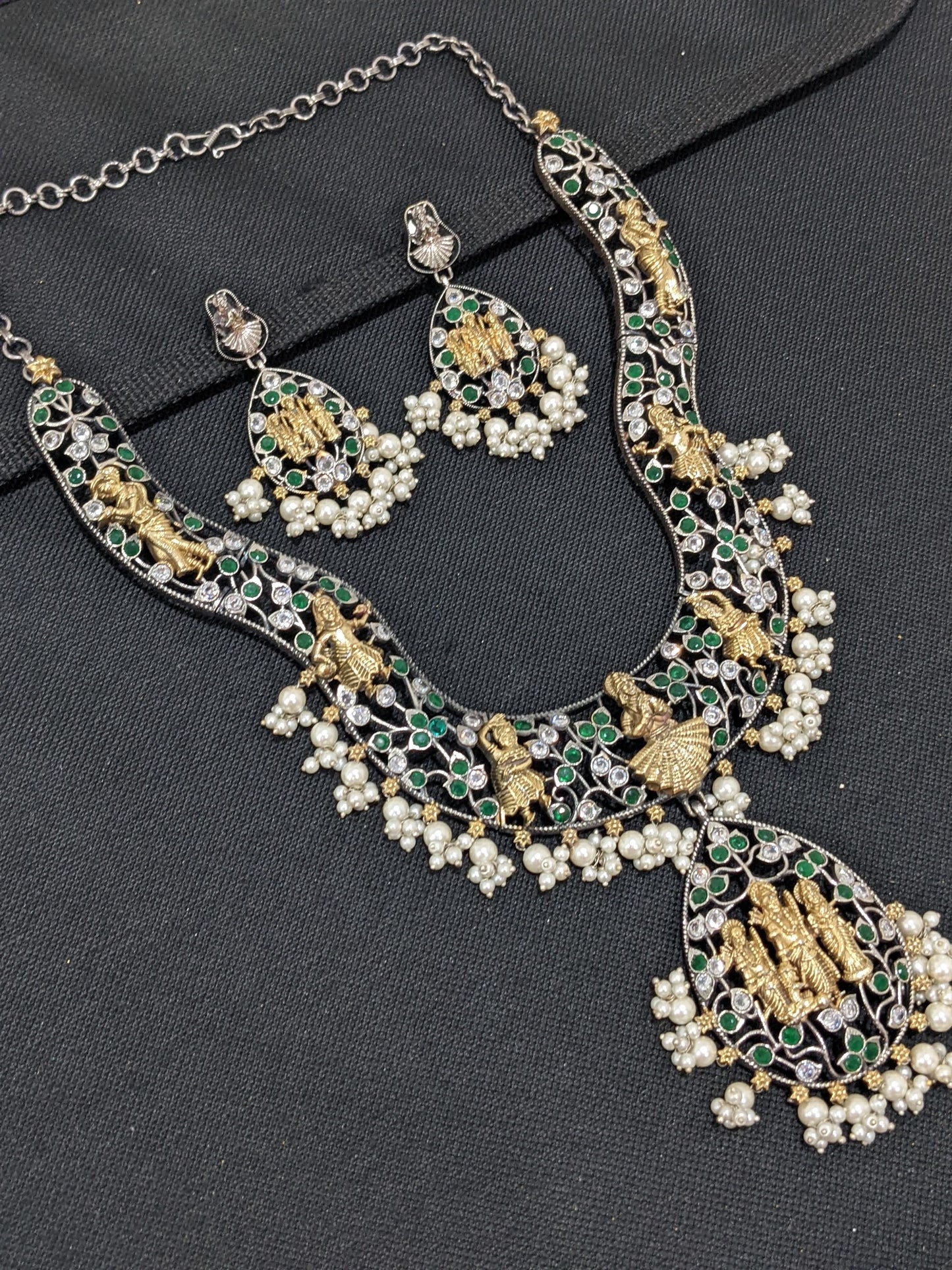 Ram Parivaar design German Silver Long haram and earrings set