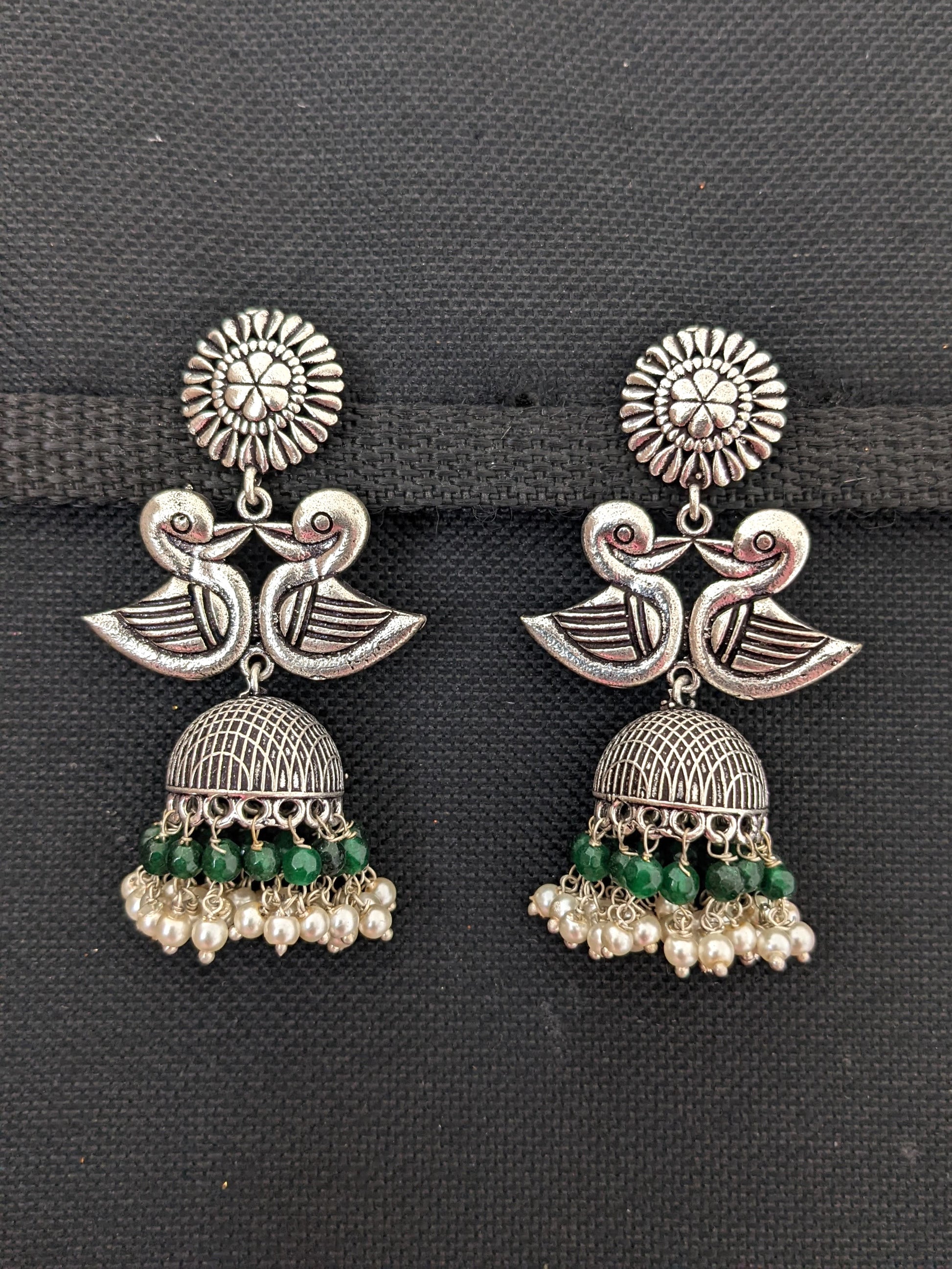 Oxidized silver dual swan jhumka Earrings - Simpliful
